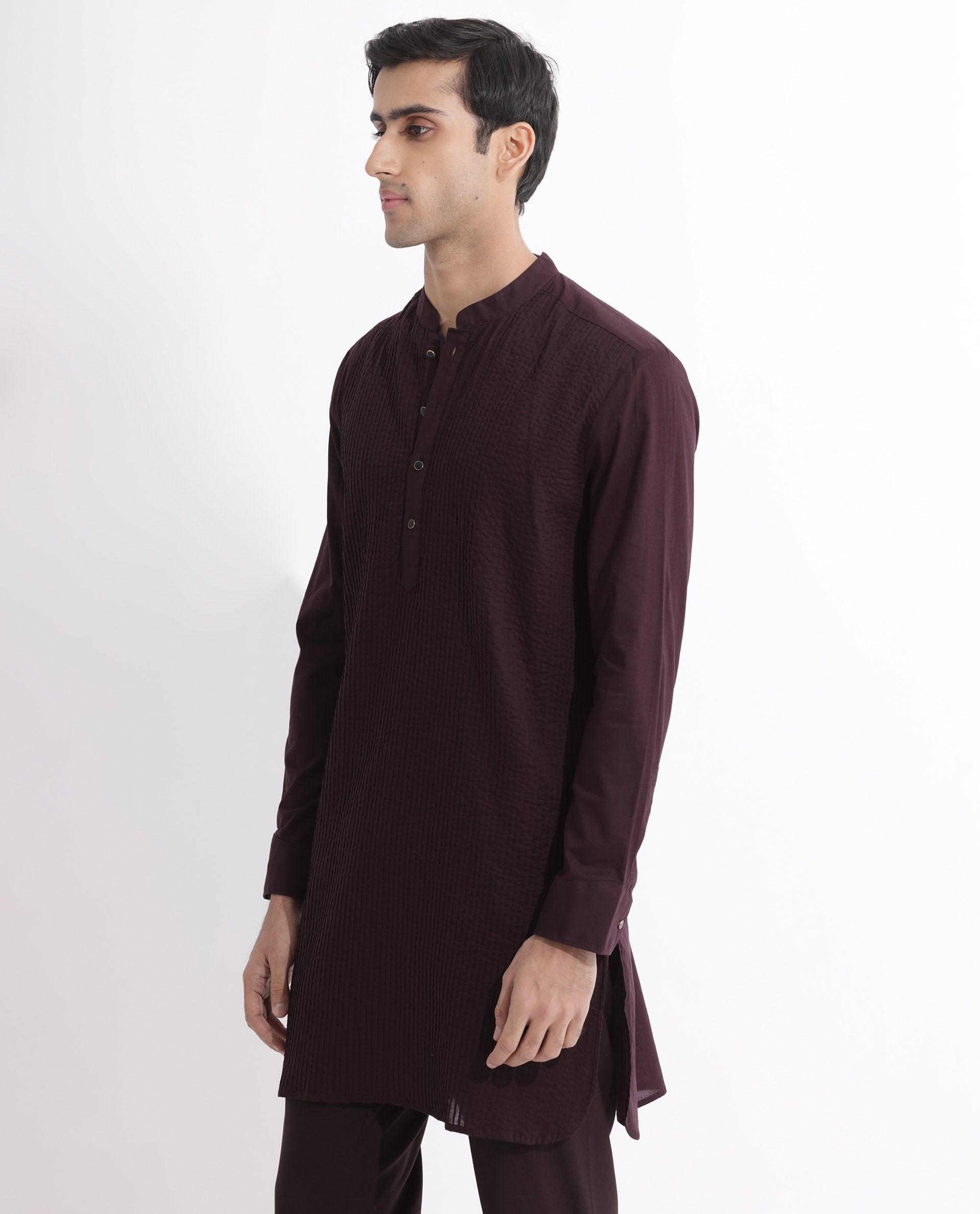 Rare Rabbit Men's Ethnic Maroon Cotton Fabric Mandarin Collar Full Sleeves Pintuck Kurta
