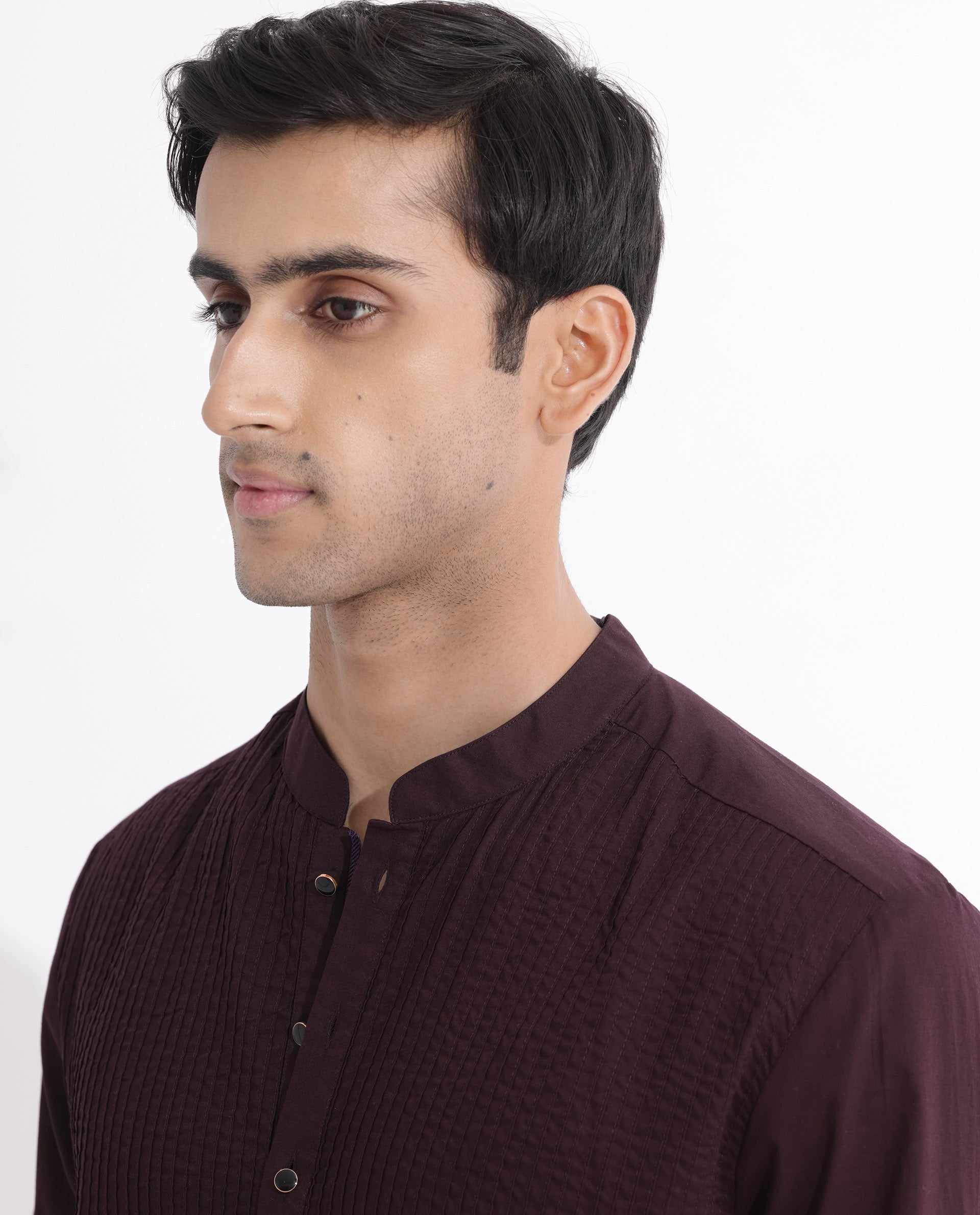 Rare Rabbit Men's Ethnic Maroon Cotton Fabric Mandarin Collar Full Sleeves Pintuck Kurta