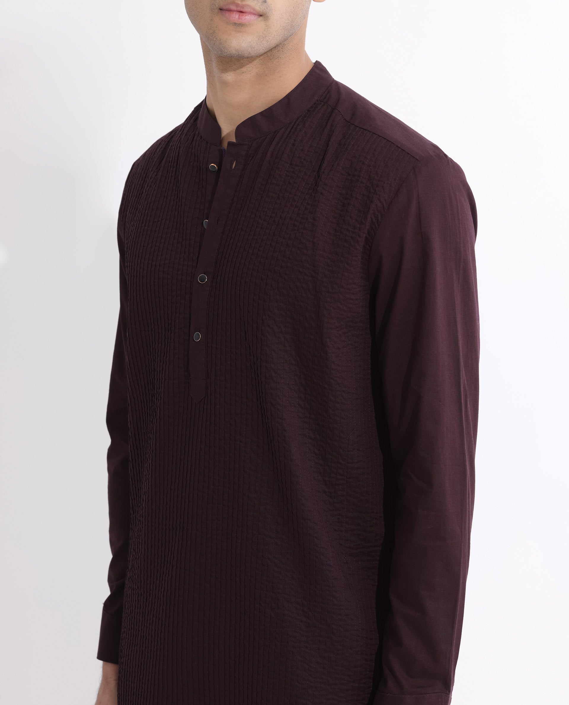 Rare Rabbit Men's Ethnic Maroon Cotton Fabric Mandarin Collar Full Sleeves Pintuck Kurta