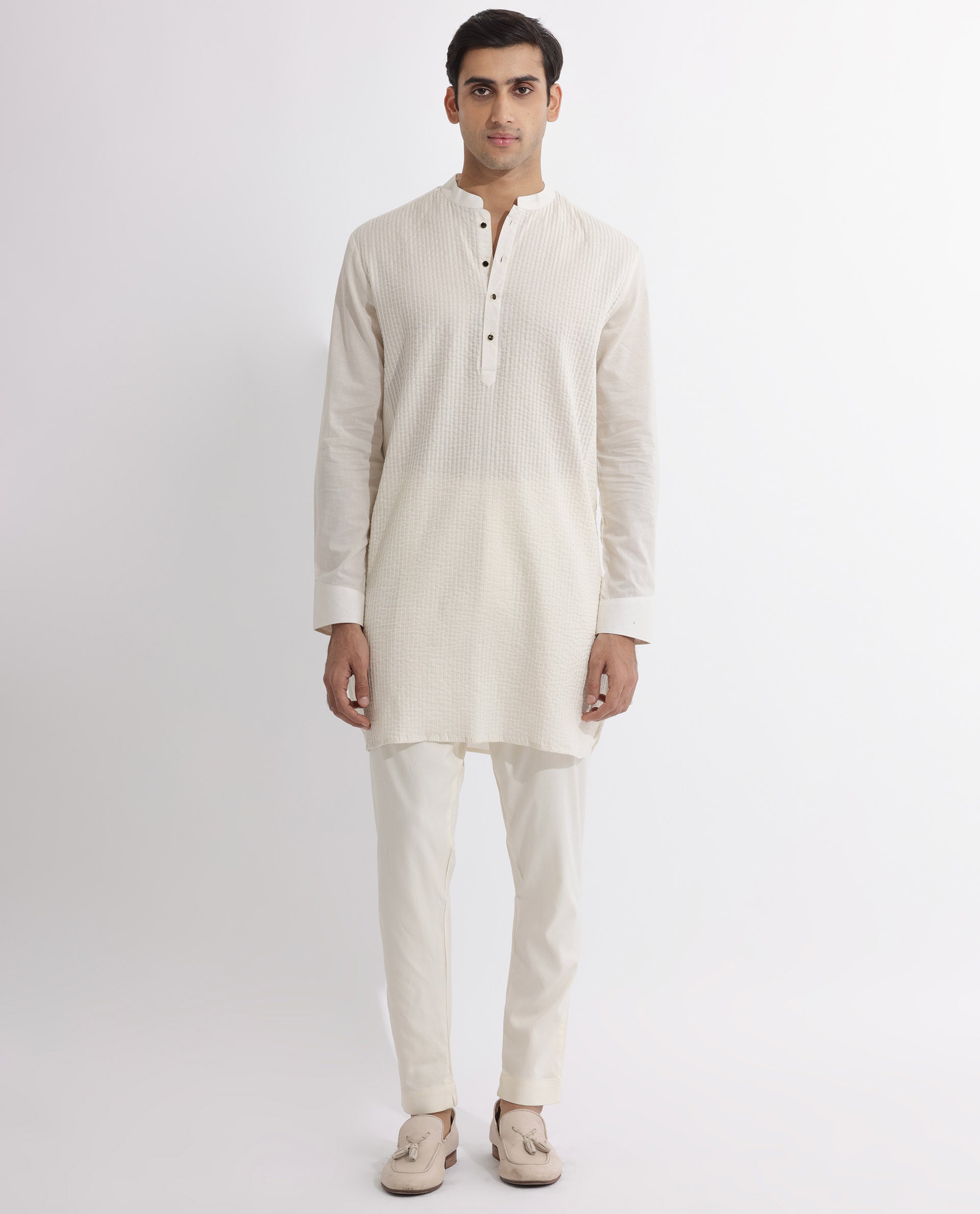 Rare Rabbit Men's Ethnic Beige Cotton Fabric Mandarin Collar Full Sleeves Pintuck Kurta