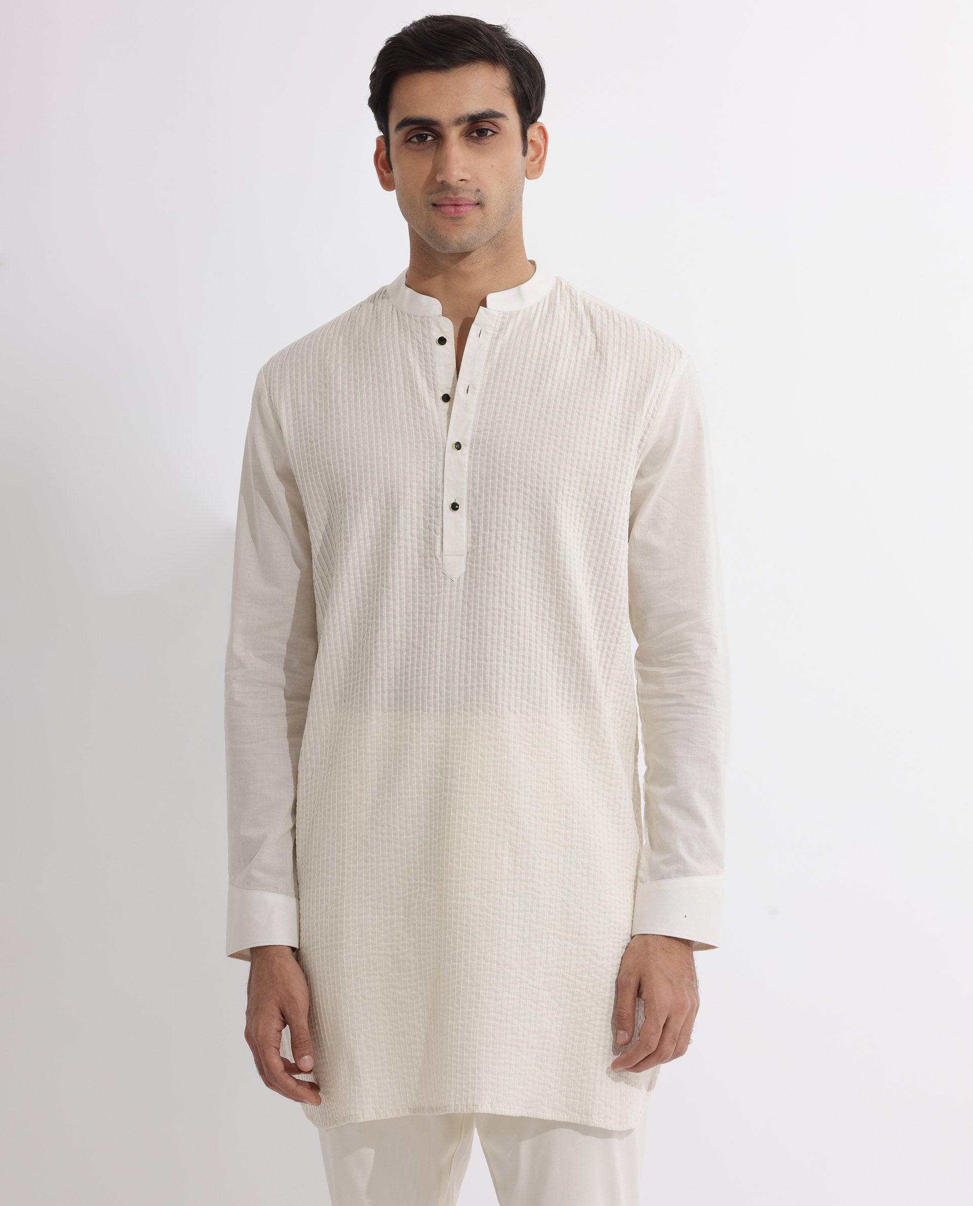 Rare Rabbit Men's Ethnic Beige Cotton Fabric Mandarin Collar Full Sleeves Pintuck Kurta