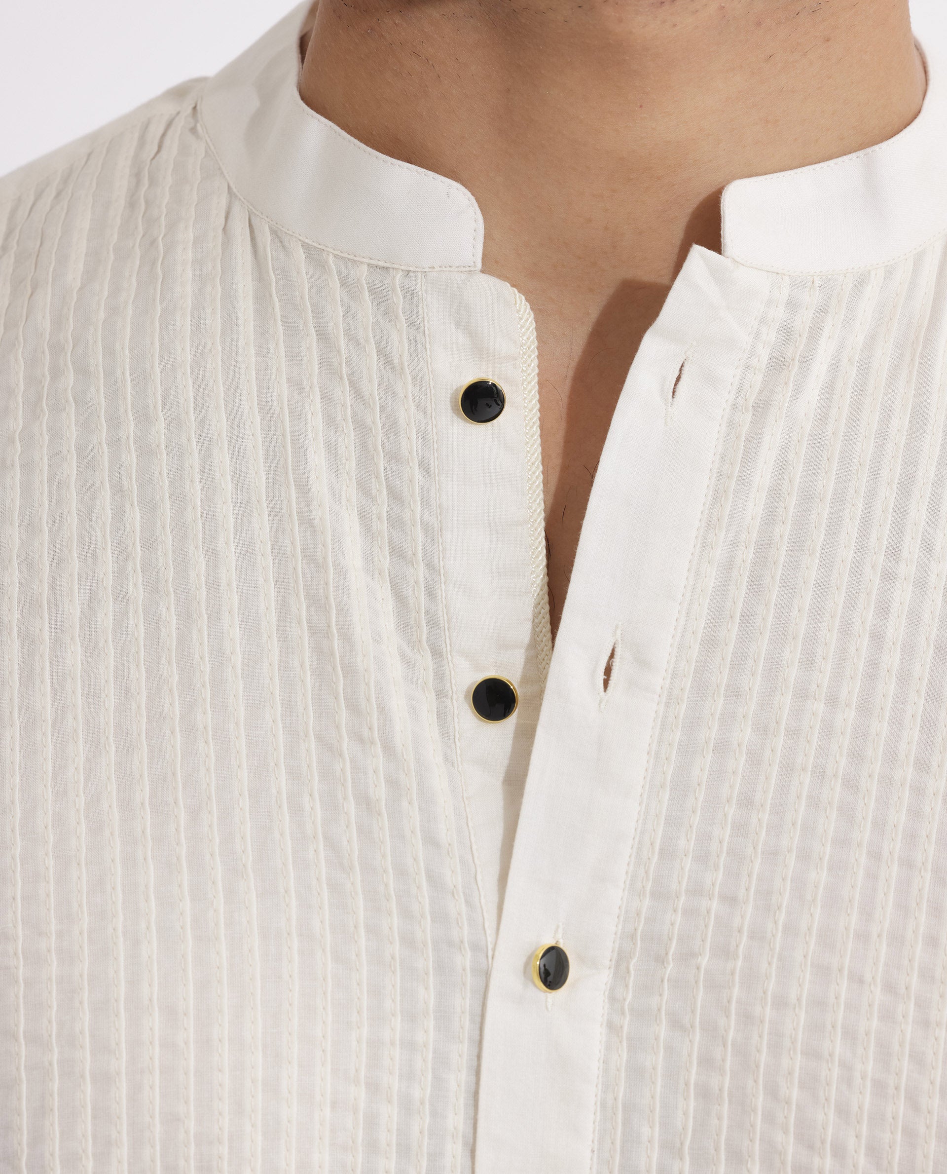 Rare Rabbit Men's Ethnic Beige Cotton Fabric Mandarin Collar Full Sleeves Pintuck Kurta