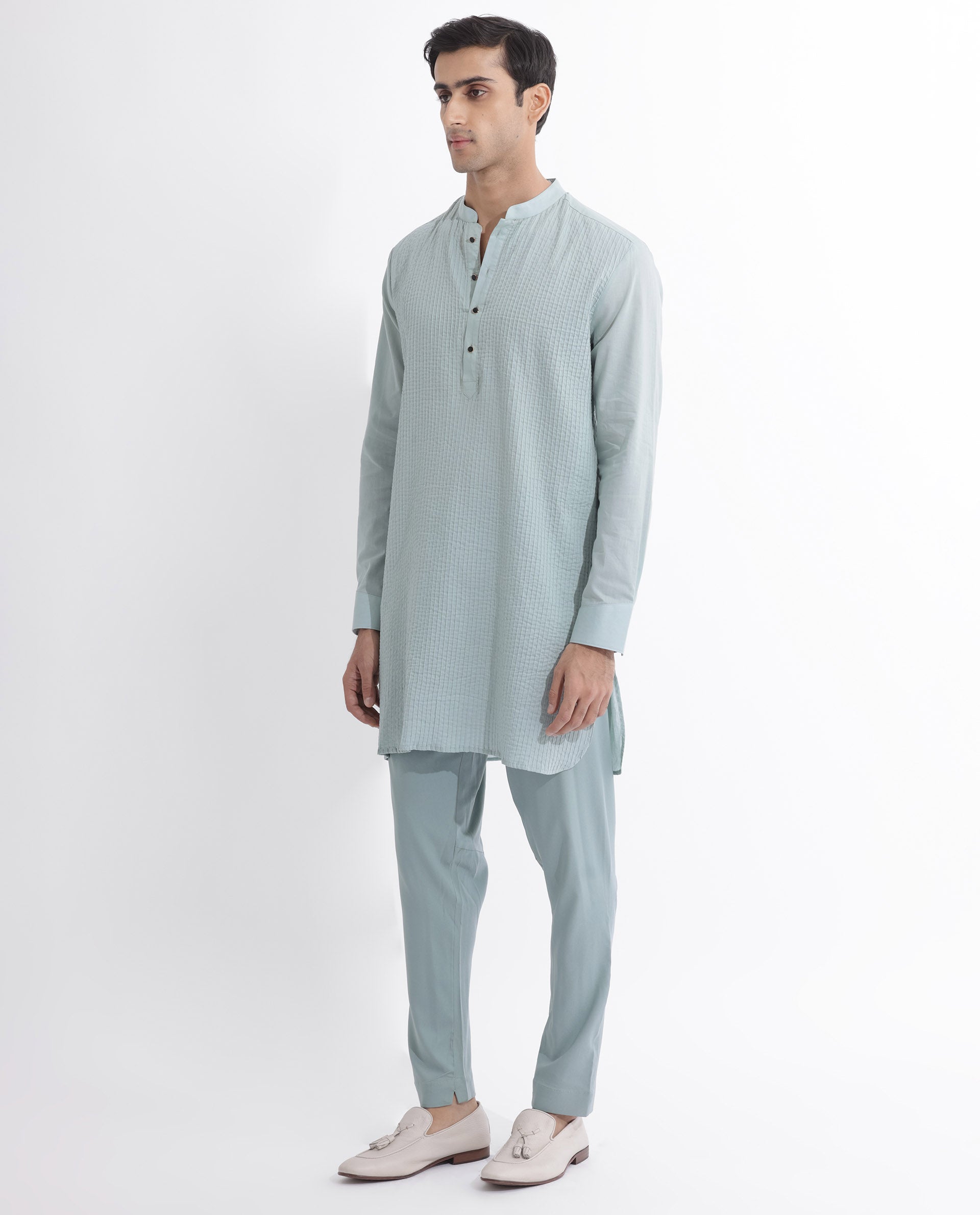Rare Rabbit Men's Ethnic Light Blue Cotton Fabric Mandarin Collar Full Sleeves Pintuck Kurta