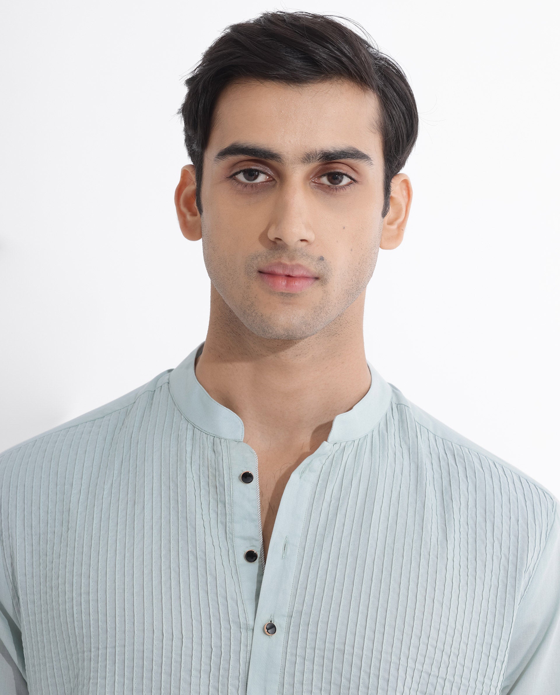 Rare Rabbit Men's Ethnic Light Blue Cotton Fabric Mandarin Collar Full Sleeves Pintuck Kurta