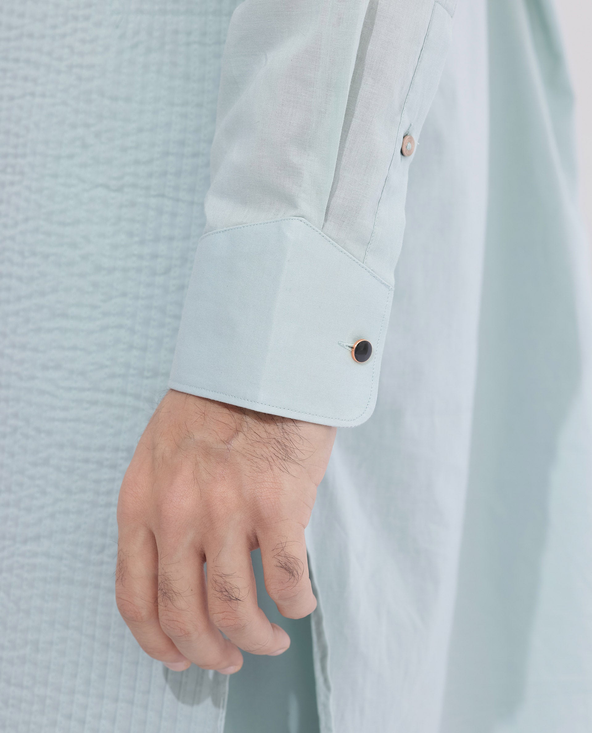 Rare Rabbit Men's Ethnic Light Blue Cotton Fabric Mandarin Collar Full Sleeves Pintuck Kurta