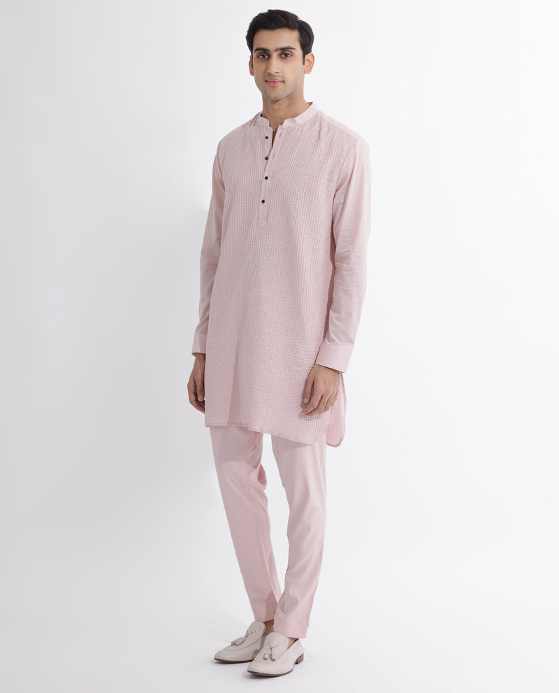 Rare Rabbit Men's Ethnic Pink Cotton Fabric Mandarin Collar Full Sleeves Pintuck Kurta