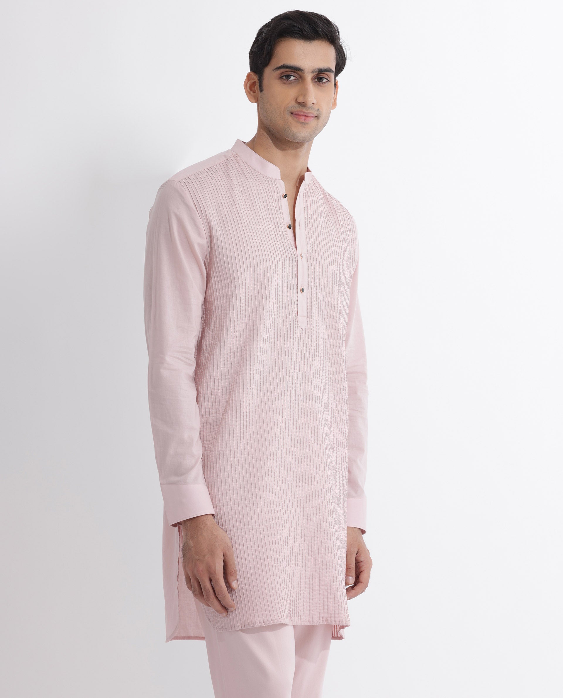 Rare Rabbit Men's Ethnic Pink Cotton Fabric Mandarin Collar Full Sleeves Pintuck Kurta