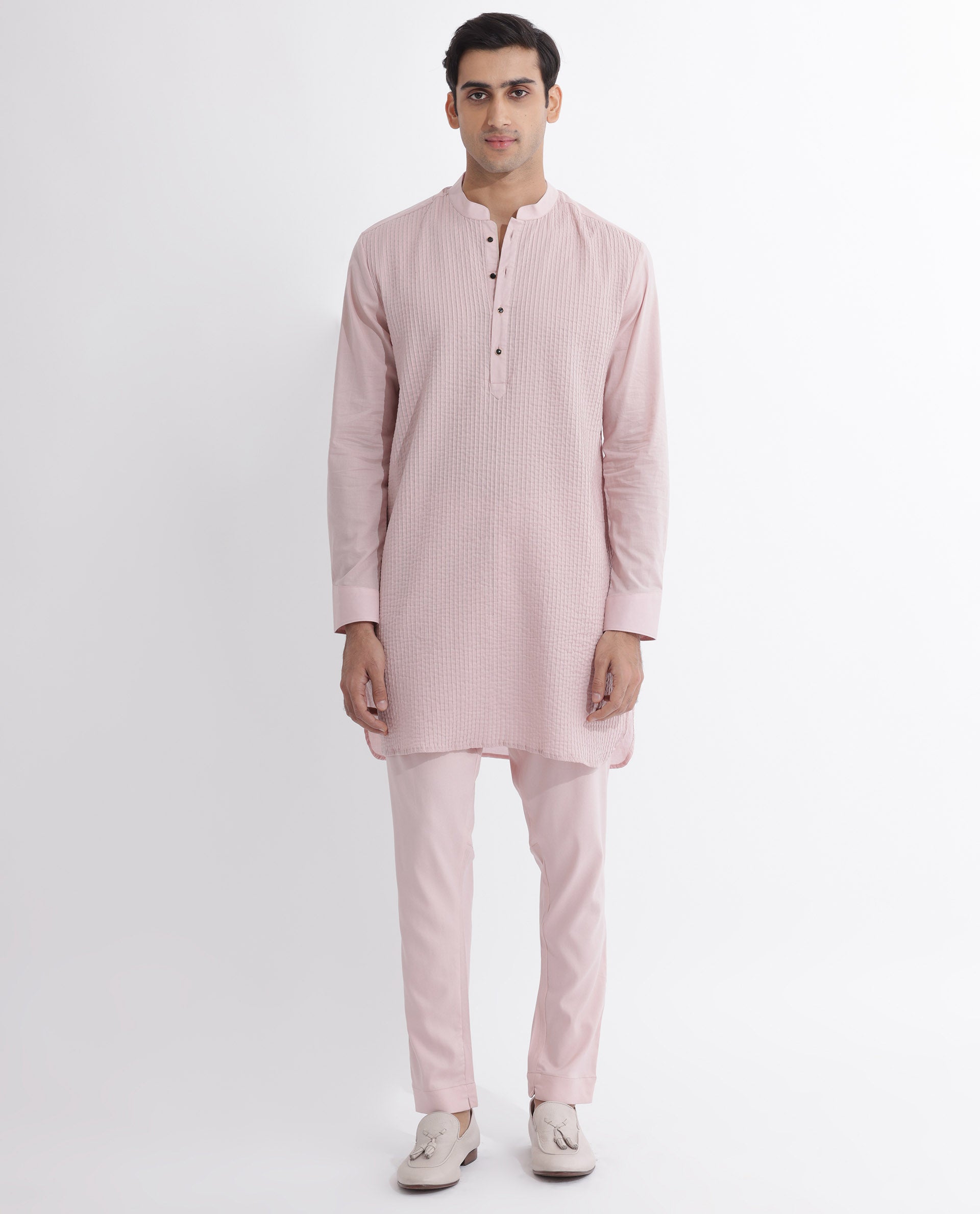 Rare Rabbit Men's Ethnic Pink Cotton Fabric Mandarin Collar Full Sleeves Pintuck Kurta