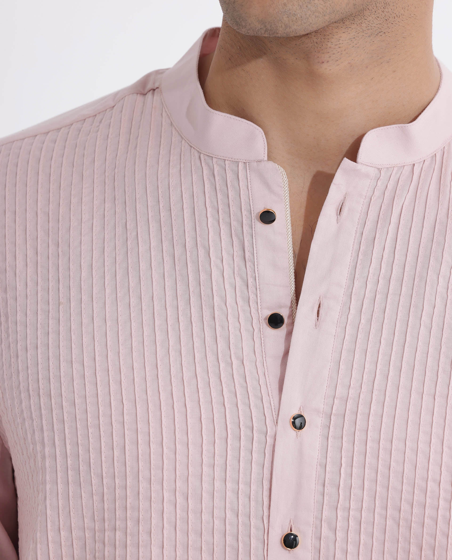 Rare Rabbit Men's Ethnic Pink Cotton Fabric Mandarin Collar Full Sleeves Pintuck Kurta