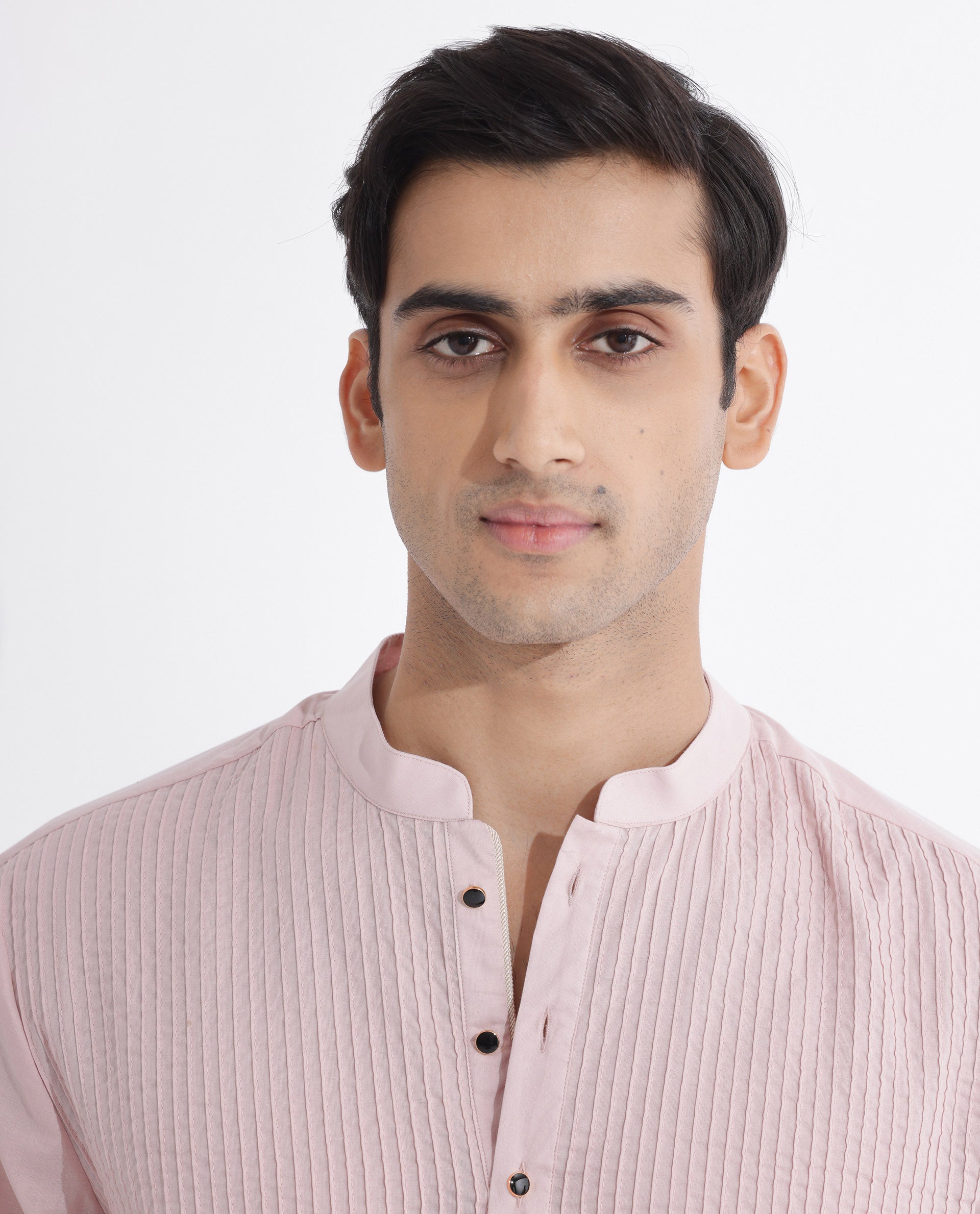 Rare Rabbit Men's Ethnic Pink Cotton Fabric Mandarin Collar Full Sleeves Pintuck Kurta