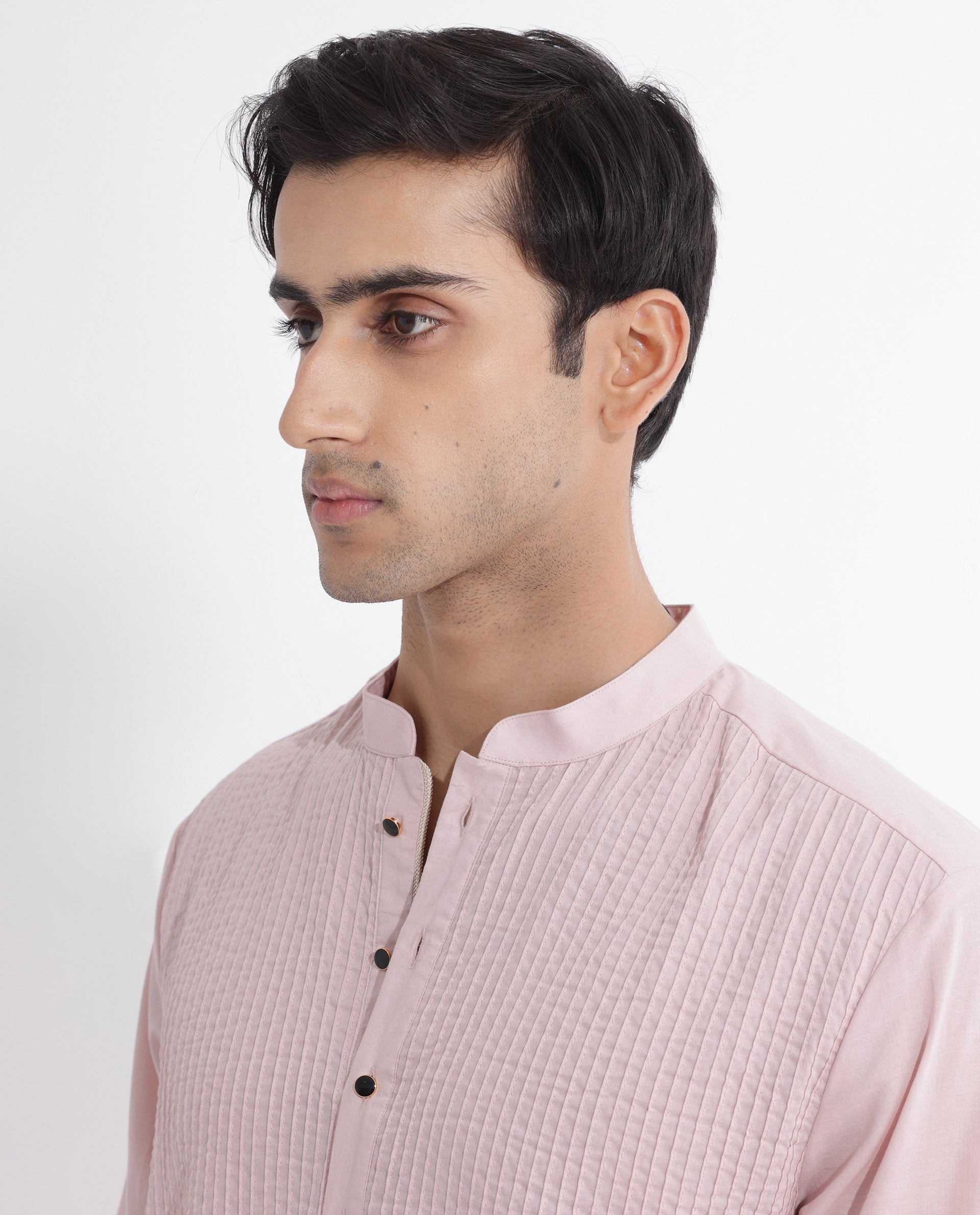 Rare Rabbit Men's Ethnic Pink Cotton Fabric Mandarin Collar Full Sleeves Pintuck Kurta