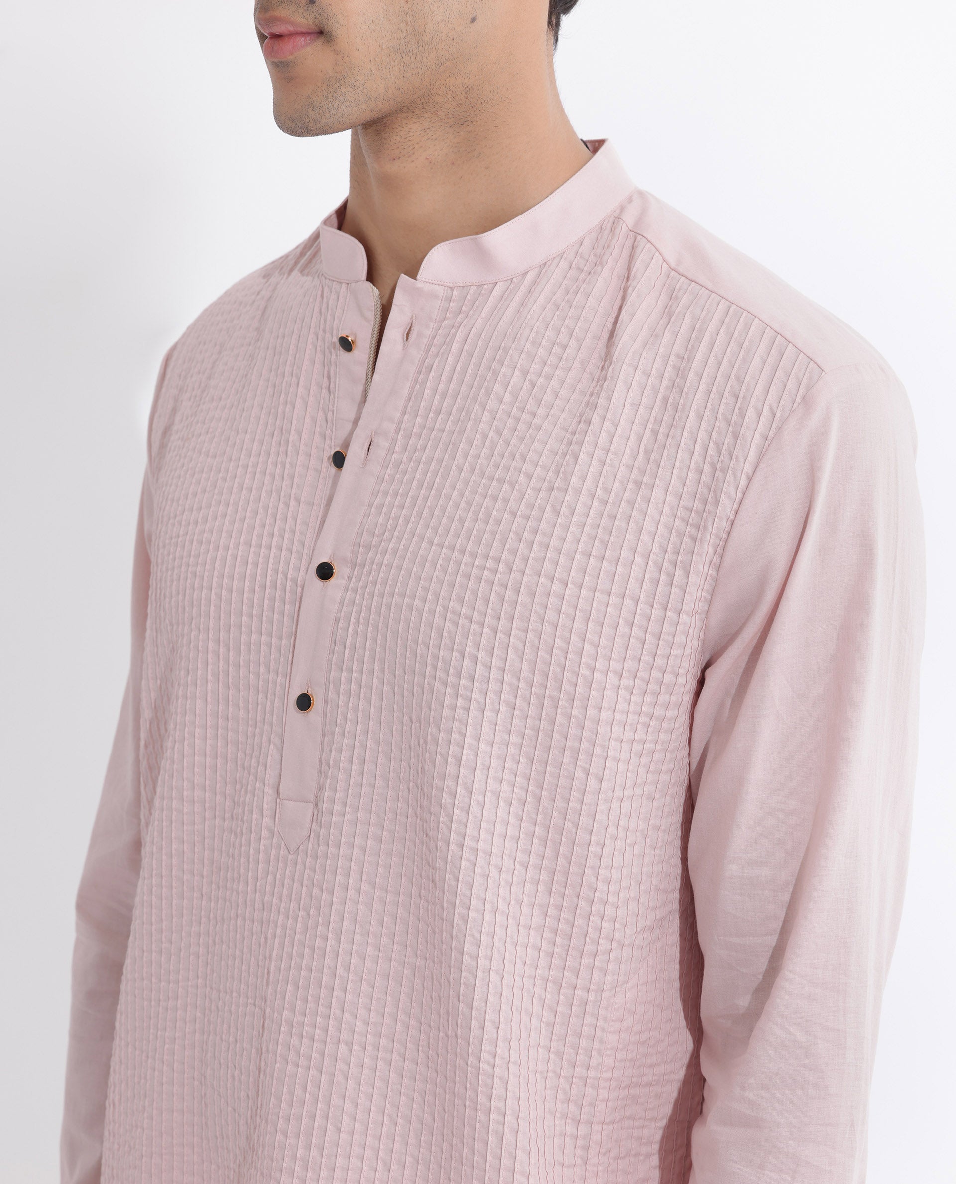 Rare Rabbit Men's Ethnic Pink Cotton Fabric Mandarin Collar Full Sleeves Pintuck Kurta