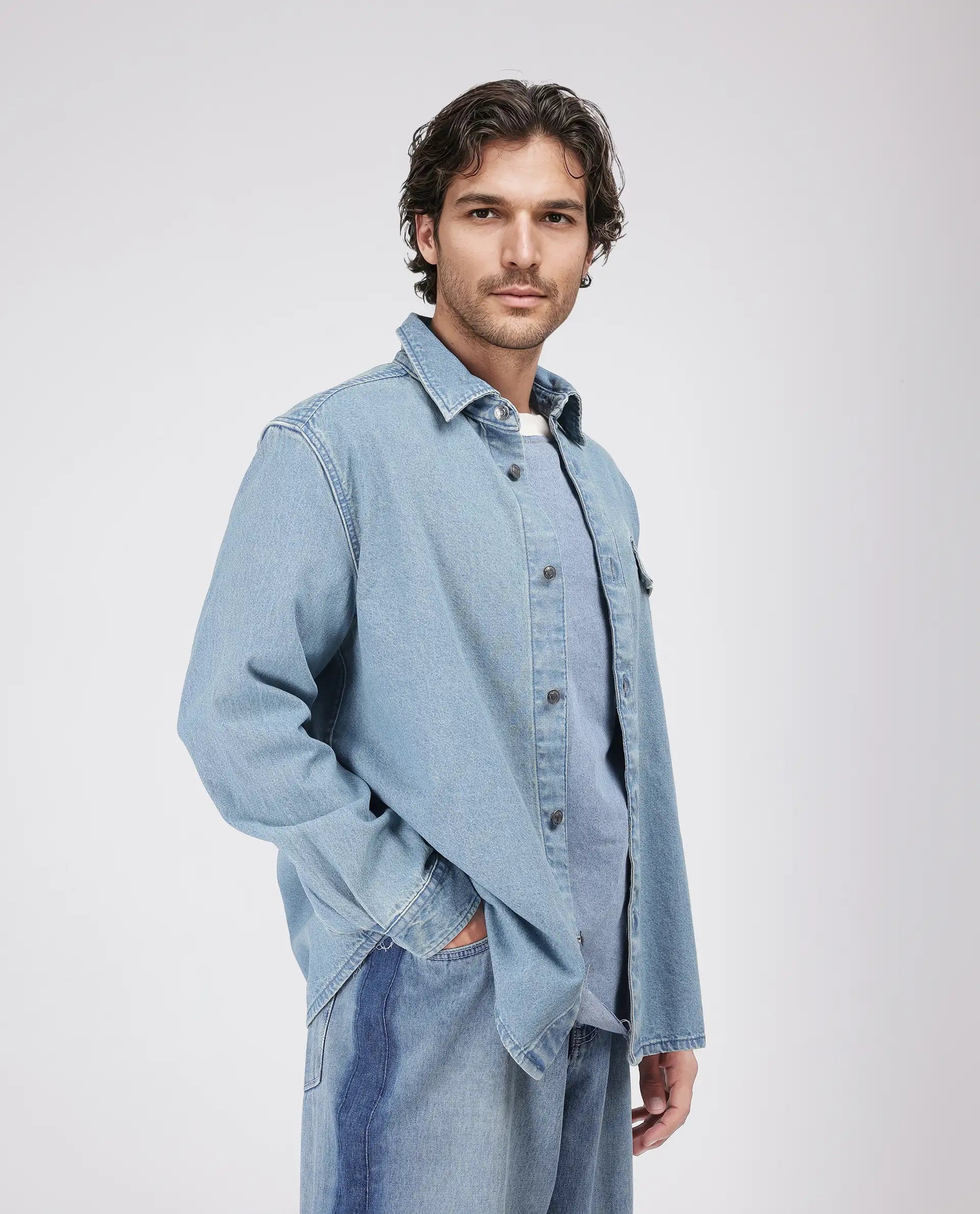 Rare Rabbit Men's Euclid Light Blue Cotton Fabric Full Sleeve Spread Collar Oversized Fit Plain Shirt