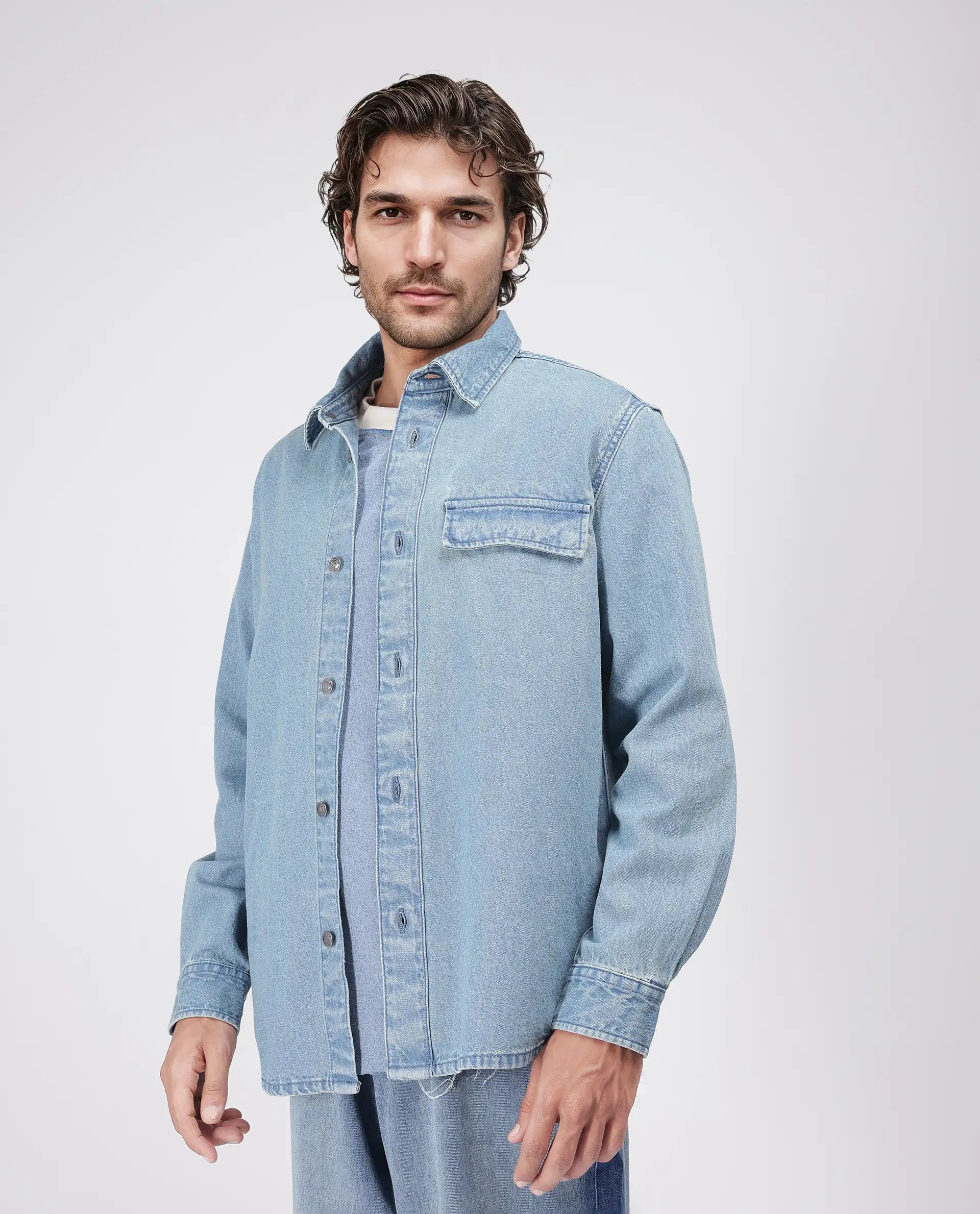 Rare Rabbit Men's Euclid Light Blue Cotton Fabric Full Sleeve Spread Collar Oversized Fit Plain Shirt