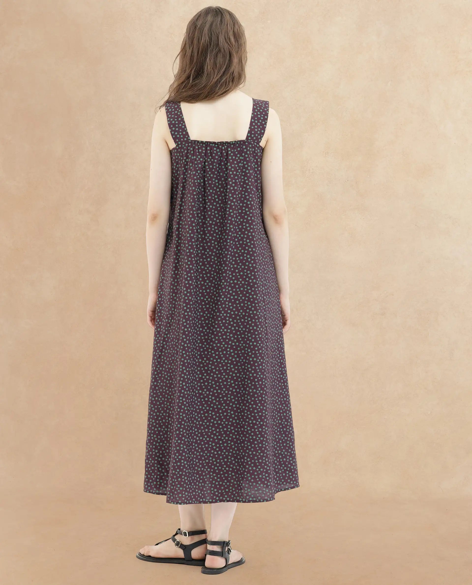 Rareism Women's Eula Brown Viscose Fabric Shoulder Straps  Sleeveless Polka Flared Midi Dress