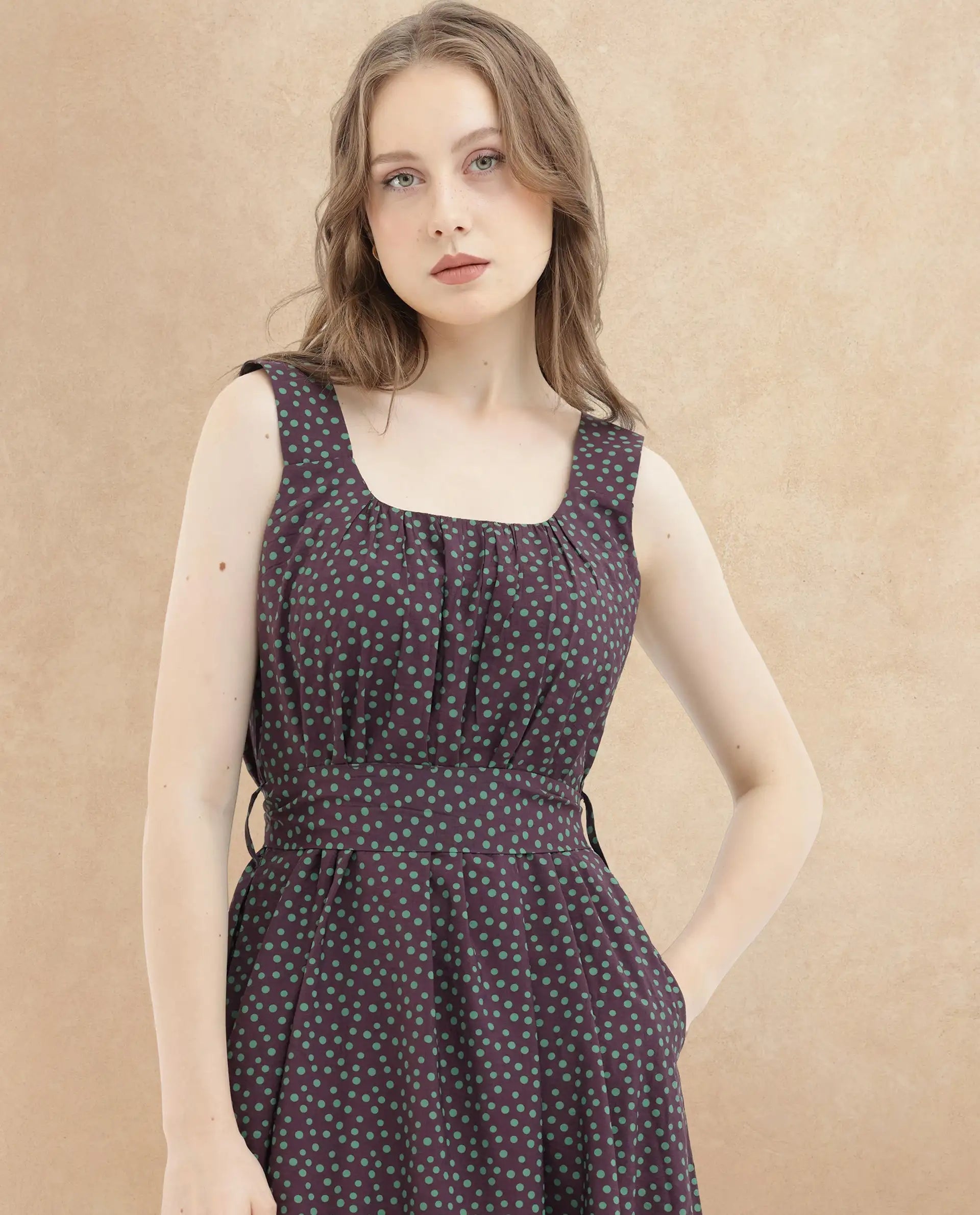 Rareism Women's Eula Brown Viscose Fabric Shoulder Straps  Sleeveless Polka Flared Midi Dress