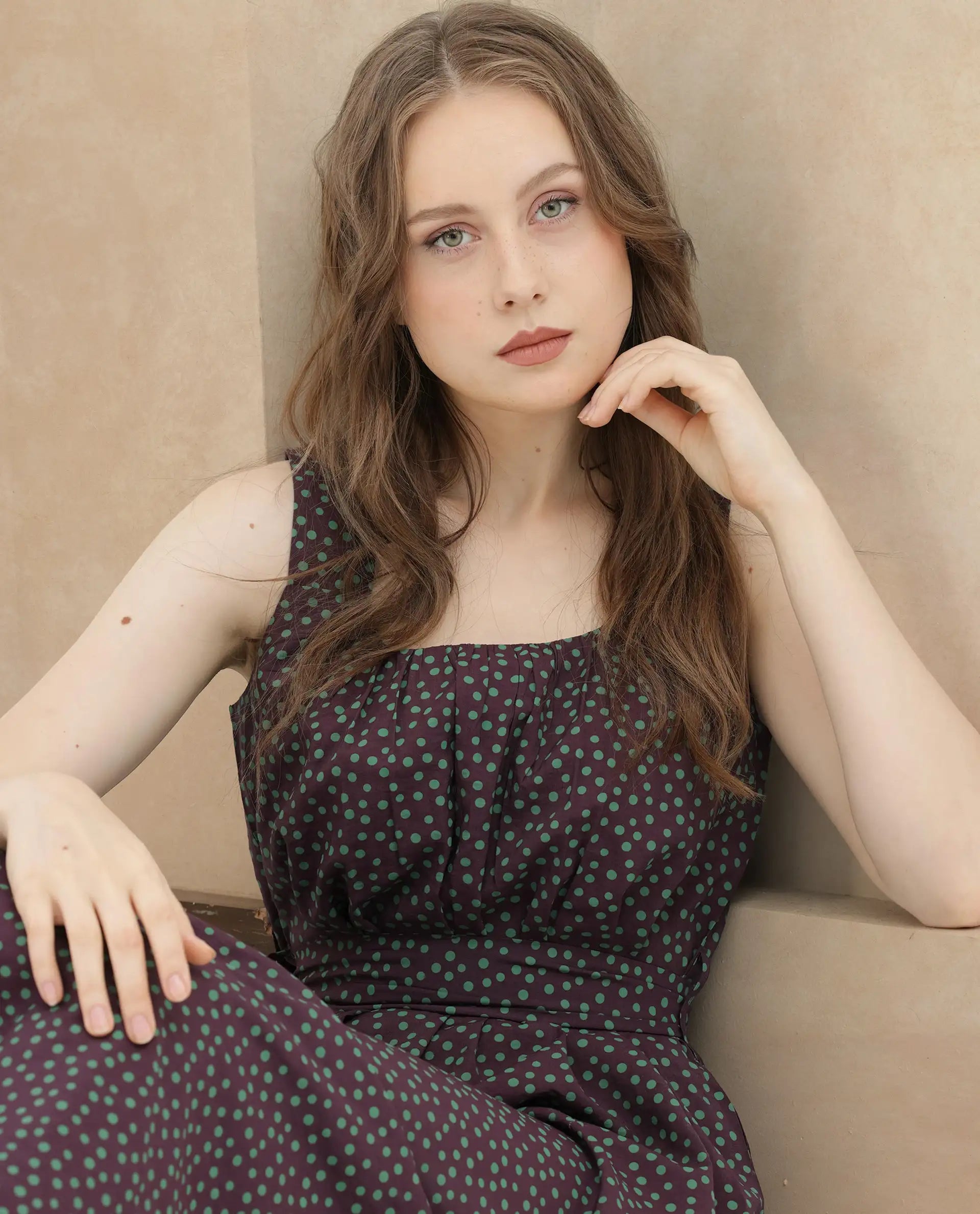 Rareism Women's Eula Brown Viscose Fabric Shoulder Straps  Sleeveless Polka Flared Midi Dress