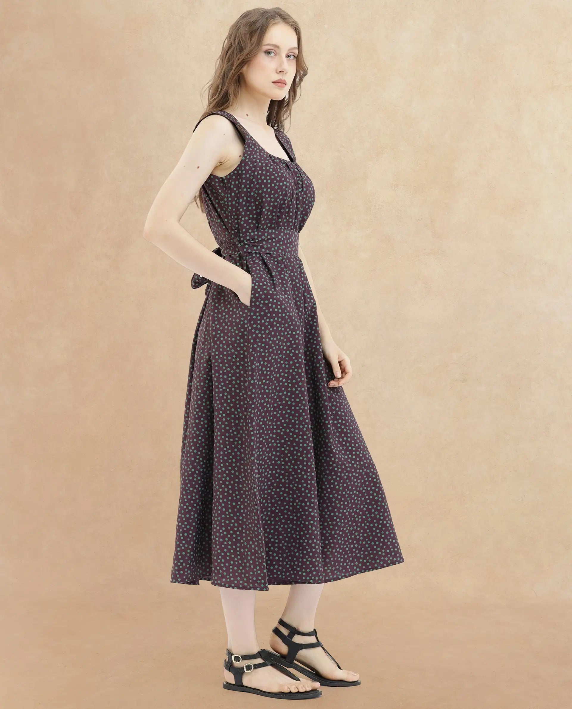 Rareism Women's Eula Brown Viscose Fabric Shoulder Straps  Sleeveless Polka Flared Midi Dress