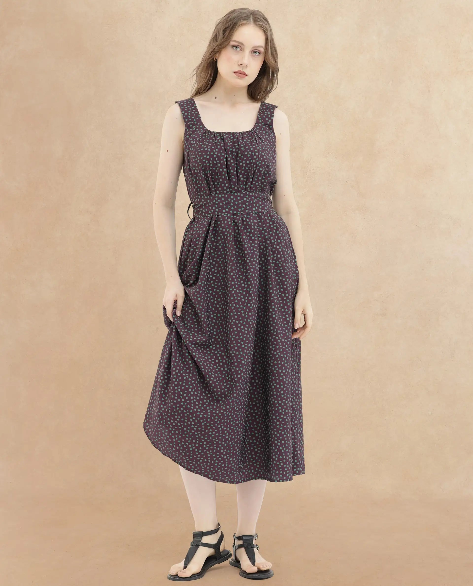 Rareism Women's Eula Brown Viscose Fabric Shoulder Straps  Sleeveless Polka Flared Midi Dress