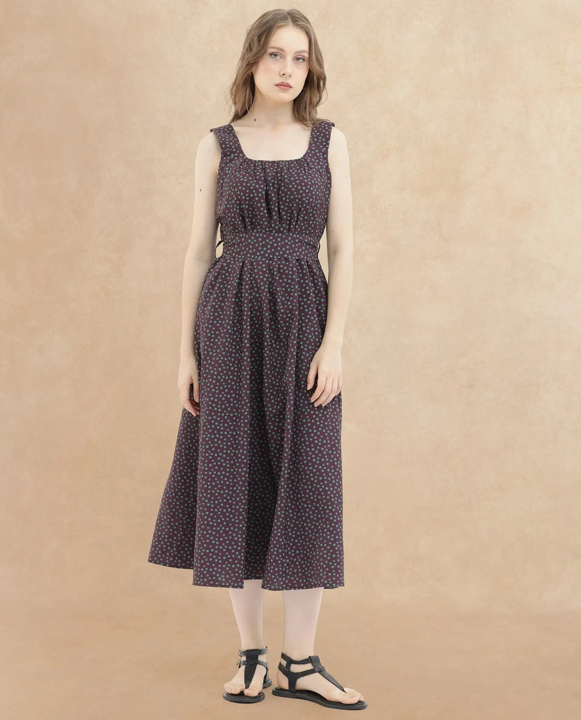 Rareism Women's Eula Brown Viscose Fabric Shoulder Straps  Sleeveless Polka Flared Midi Dress