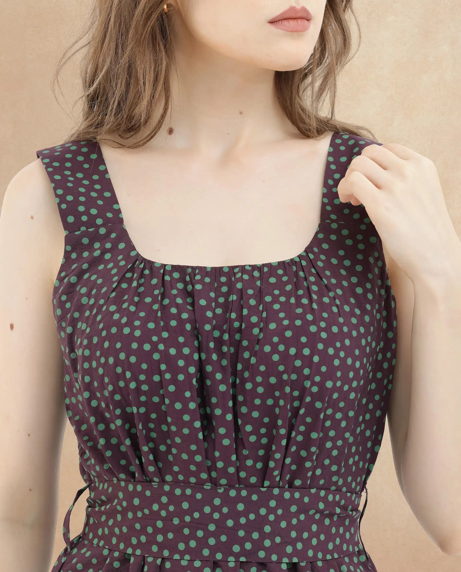 Rareism Women's Eula Brown Viscose Fabric Shoulder Straps  Sleeveless Polka Flared Midi Dress