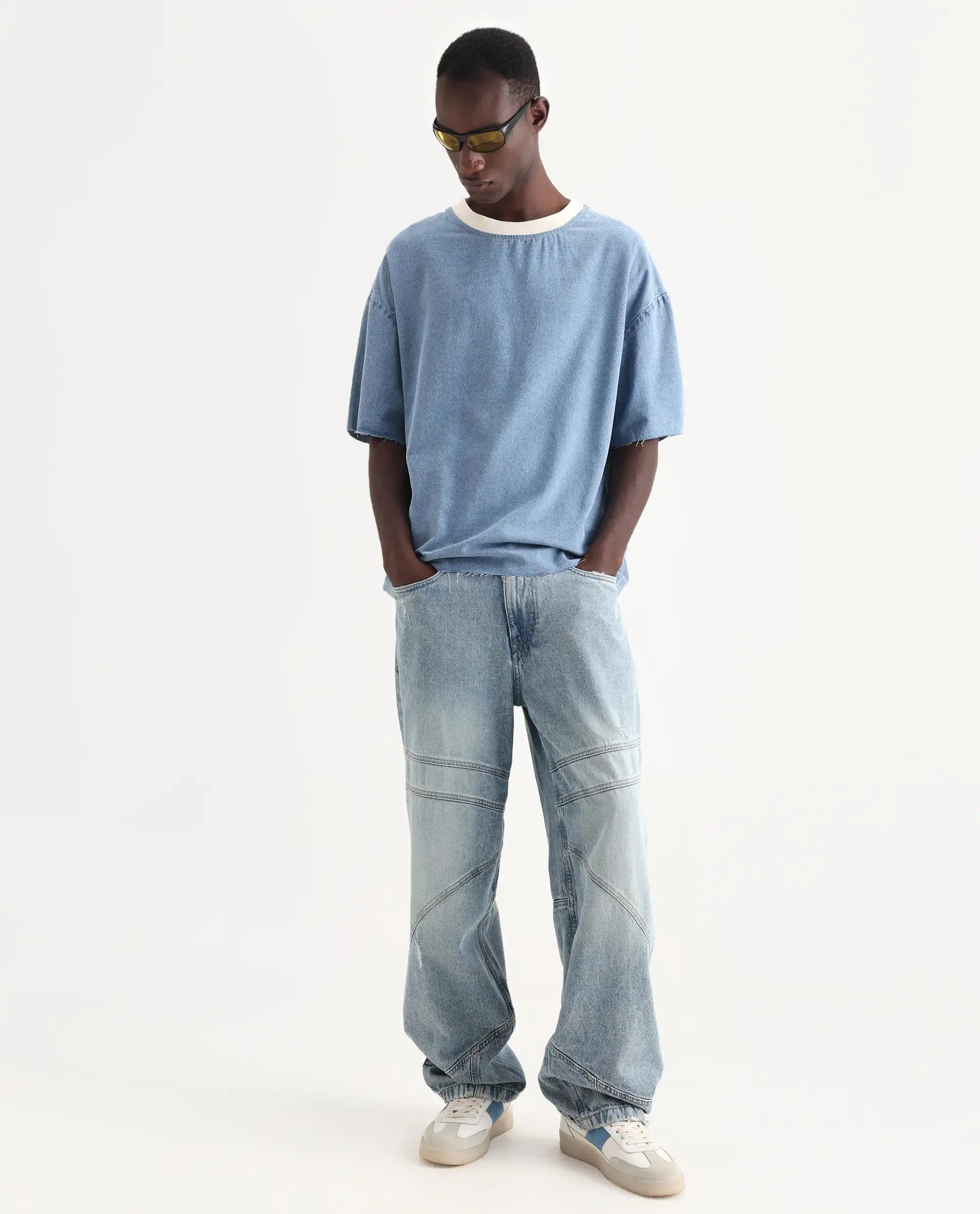 Rare Rabbit Men's Euler Light Blue Cotton Plain Oversized Fit Half Sleeve Crew Neck T-Shirt