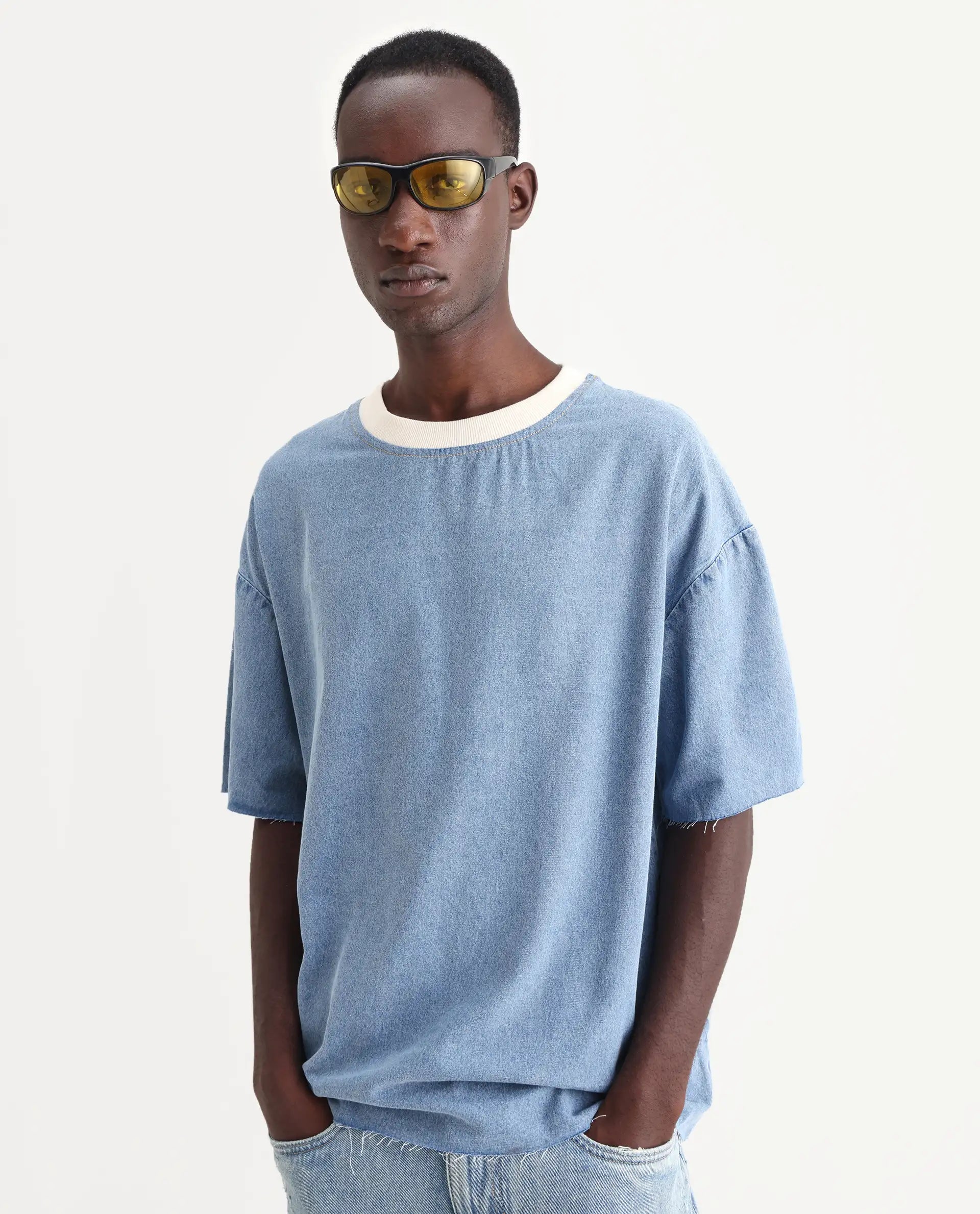 Rare Rabbit Men's Euler Light Blue Cotton Plain Oversized Fit Half Sleeve Crew Neck T-Shirt