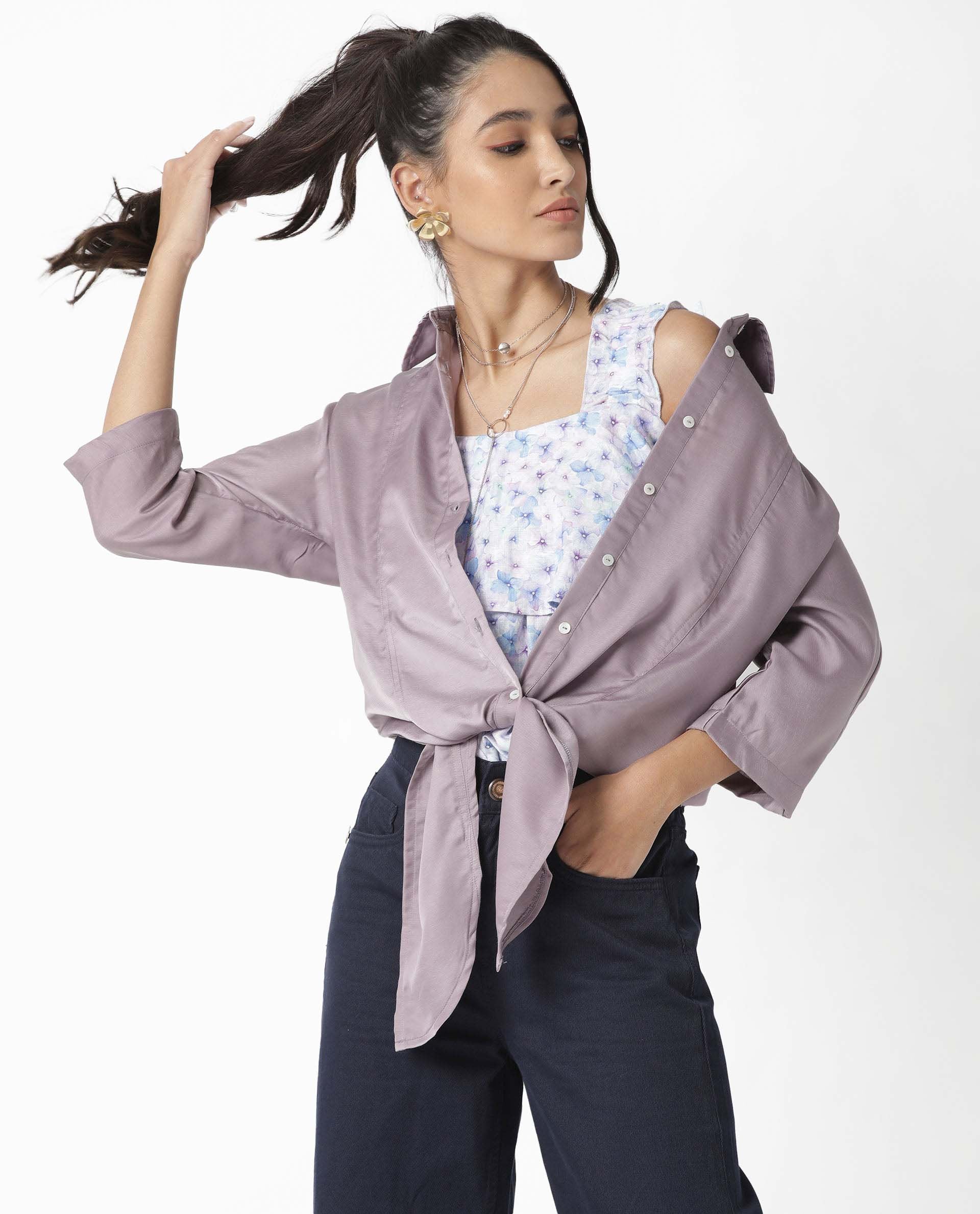 Rareism Women Euro Light Purple Polyester Fabric Tailored Fit Shirt Collar 3/4Th Sleeves Solid Top
