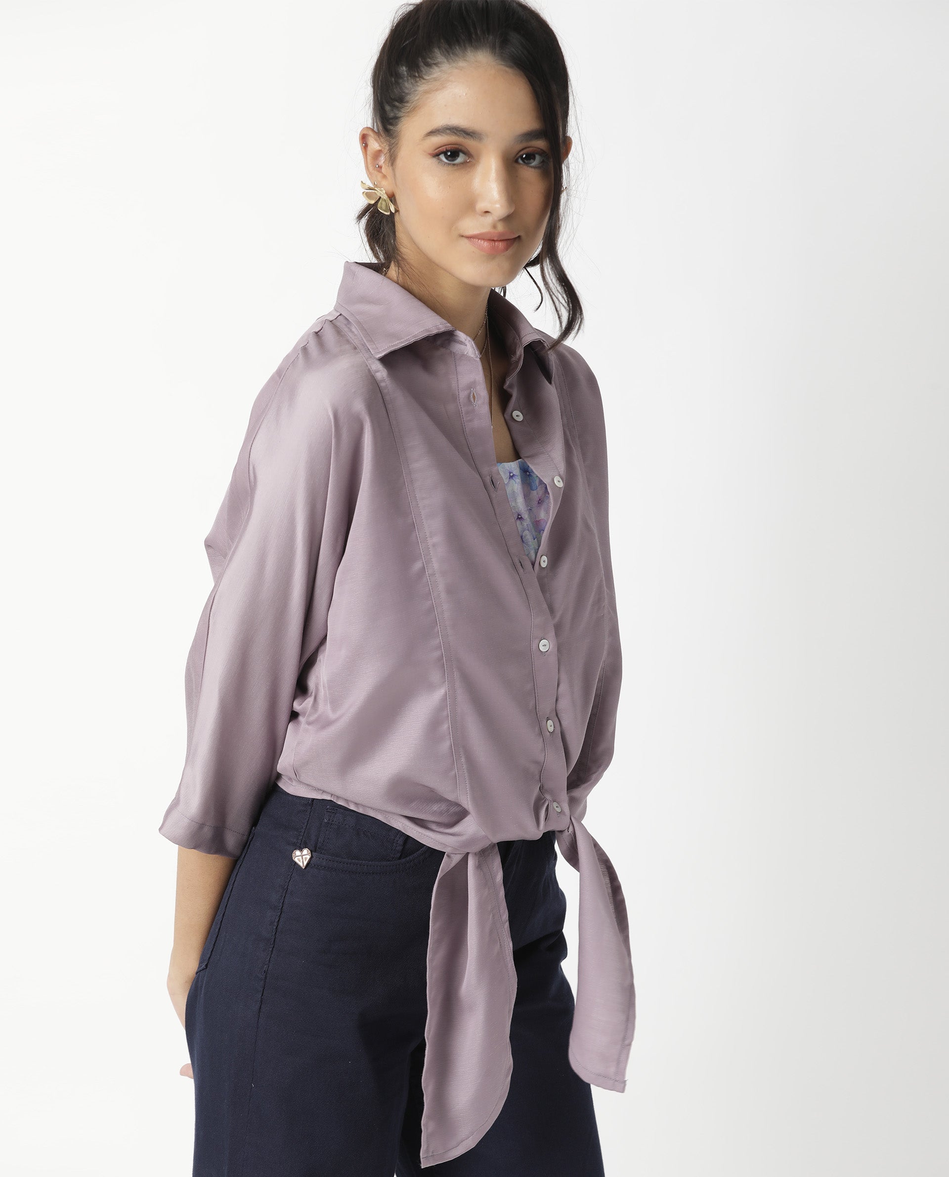 Rareism Women Euro Light Purple Polyester Fabric Tailored Fit Shirt Collar 3/4Th Sleeves Solid Top