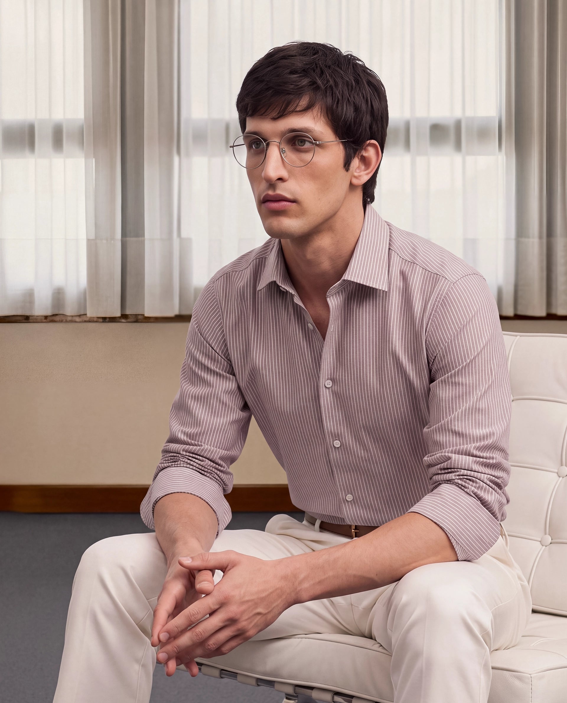 Rare Rabbit Men's Evaro Dusky Red Cotton Blend Spread Collar Button Regular Striped Shirt