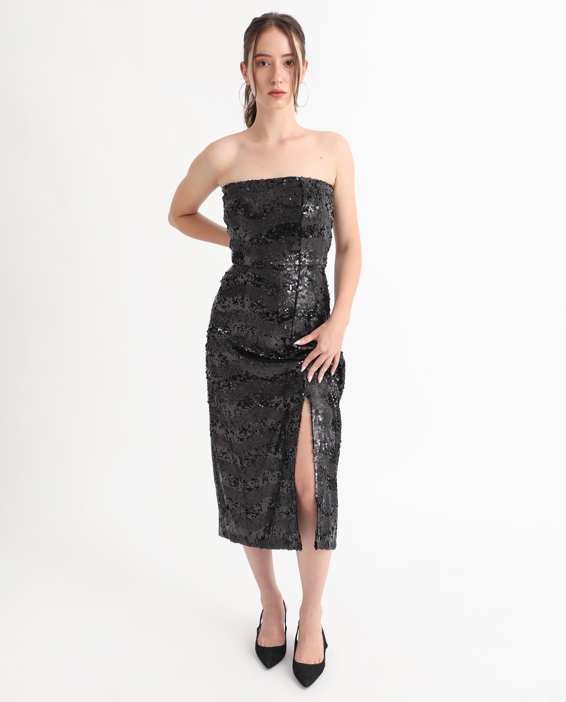 Rareism Women Eve Sheen Black Off Shoulder Thigh Slit Back Zip Closure Sequin Bodycon Midi Party Dress