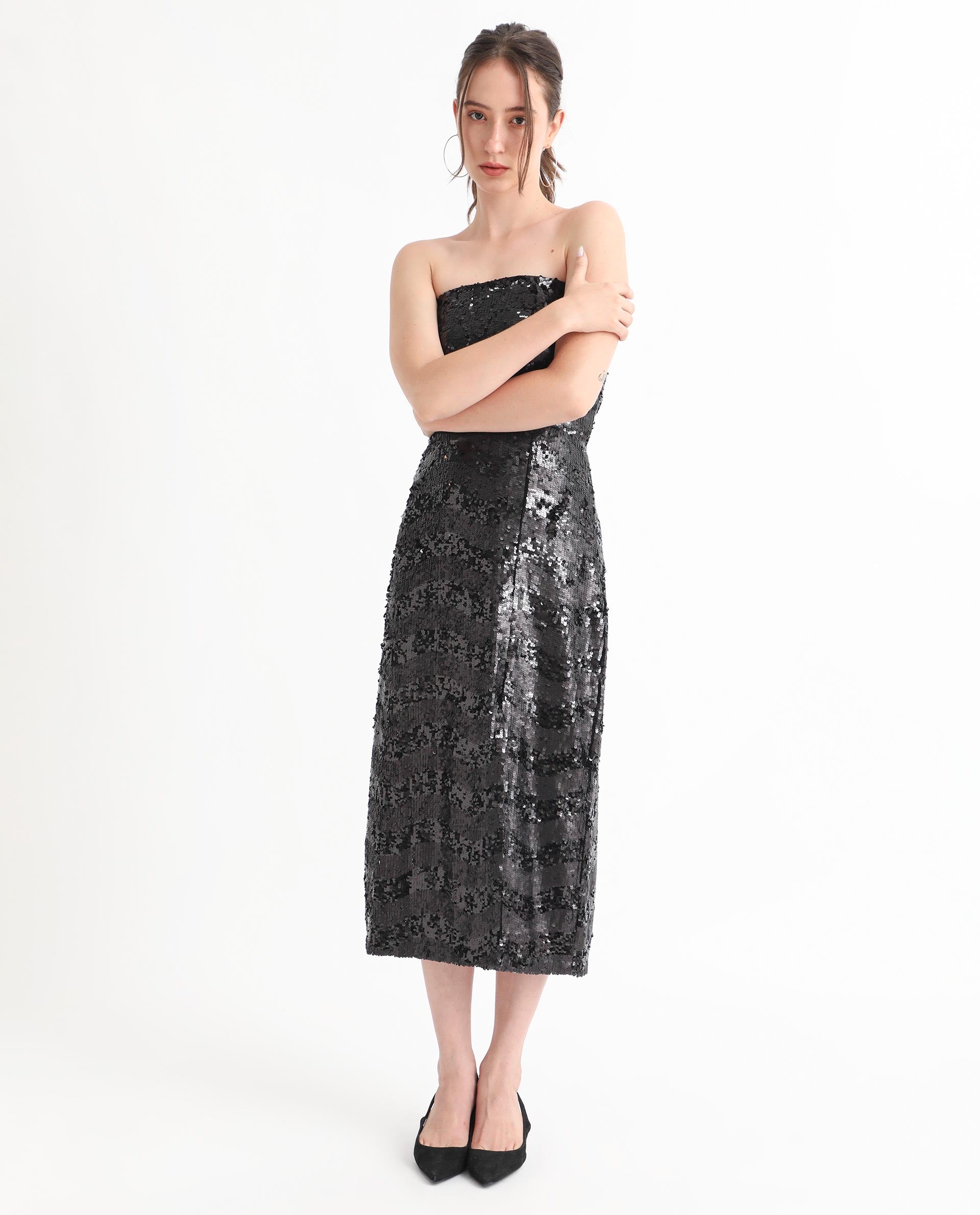 Rareism Women Eve Sheen Black Off Shoulder Thigh Slit Back Zip Closure Sequin Bodycon Midi Party Dress