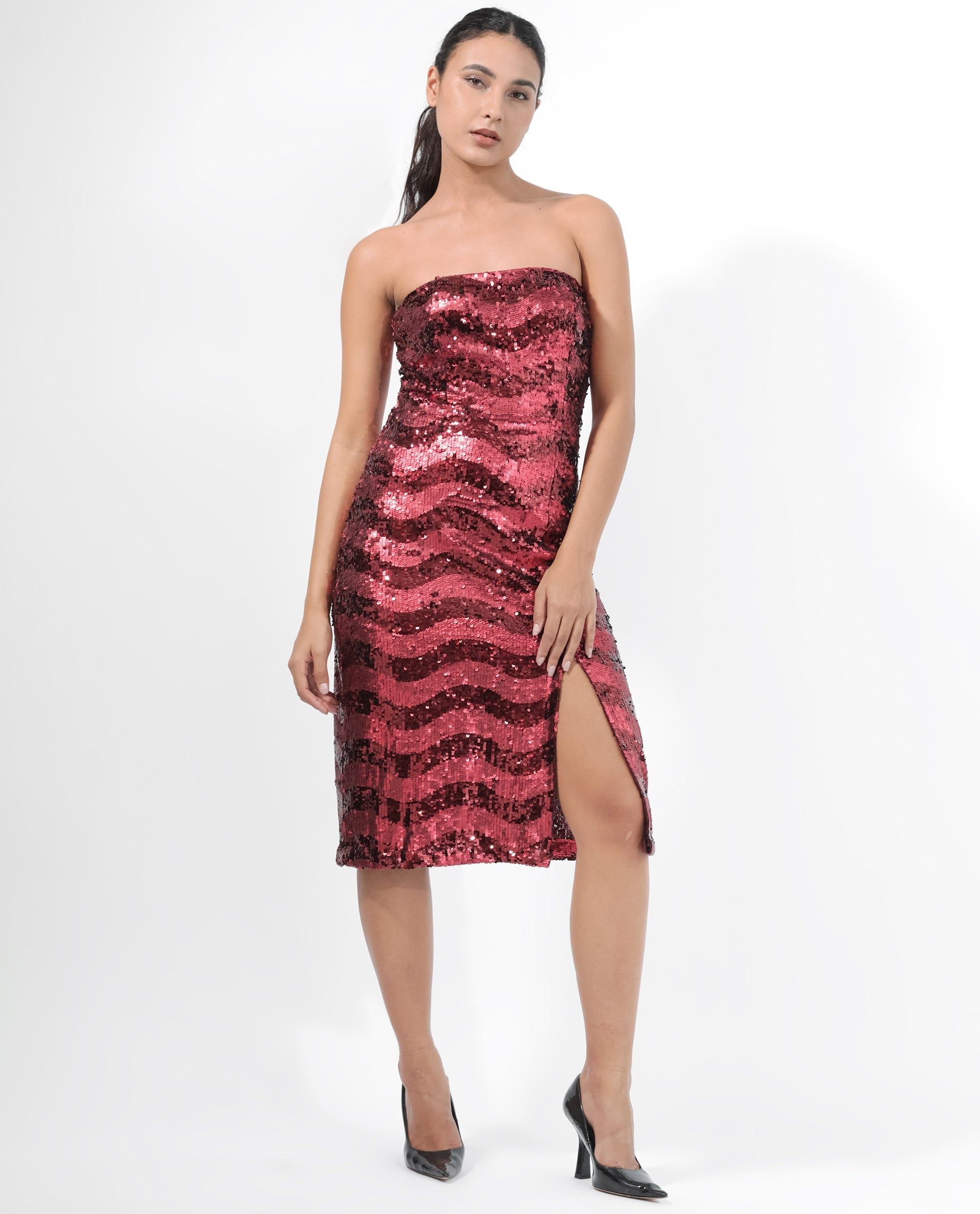 Rareism Women Eve Sheen Red Polyester Fabric Zip Closure Sleeveless Regular Fit Sequined Maxi Dress