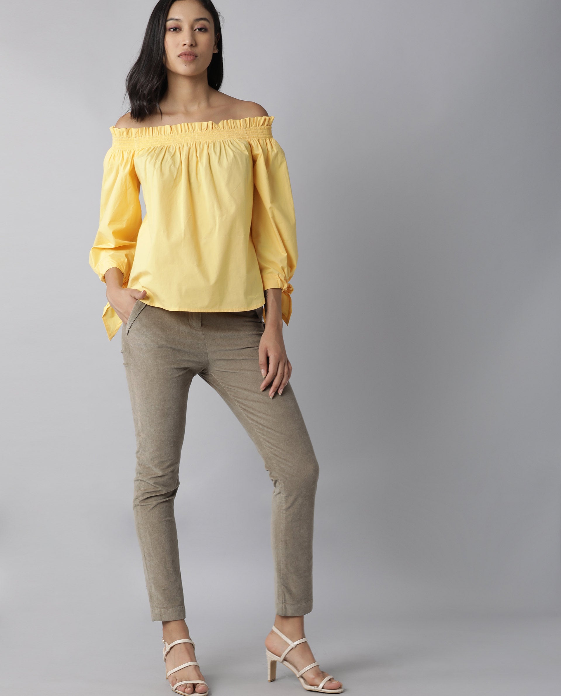 Rareism Womens Evenin Yellow Top Cotton Fabric Loose Fit Cold Shoulder Sleeve