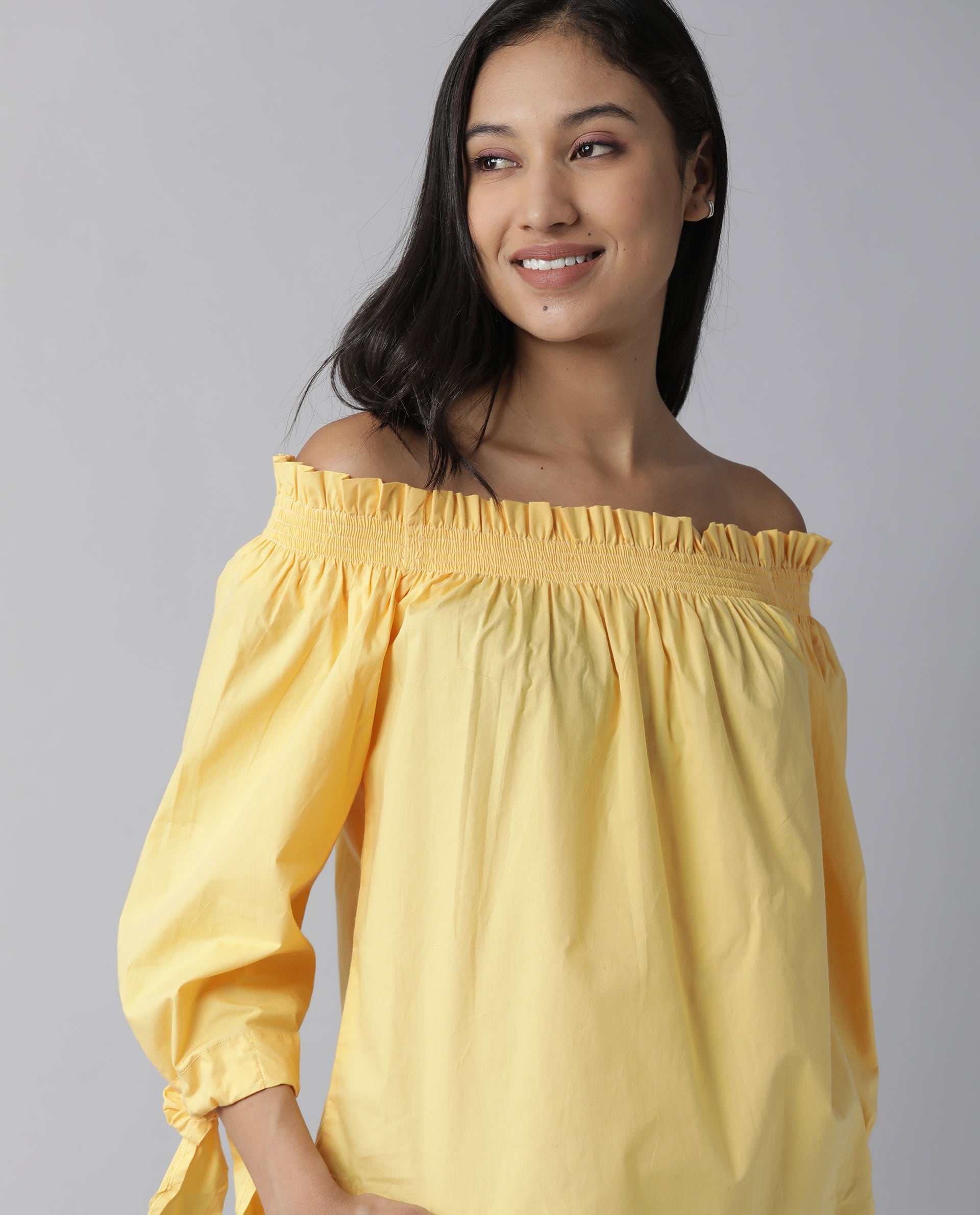Rareism Womens Evenin Yellow Top Cotton Fabric Loose Fit Cold Shoulder Sleeve