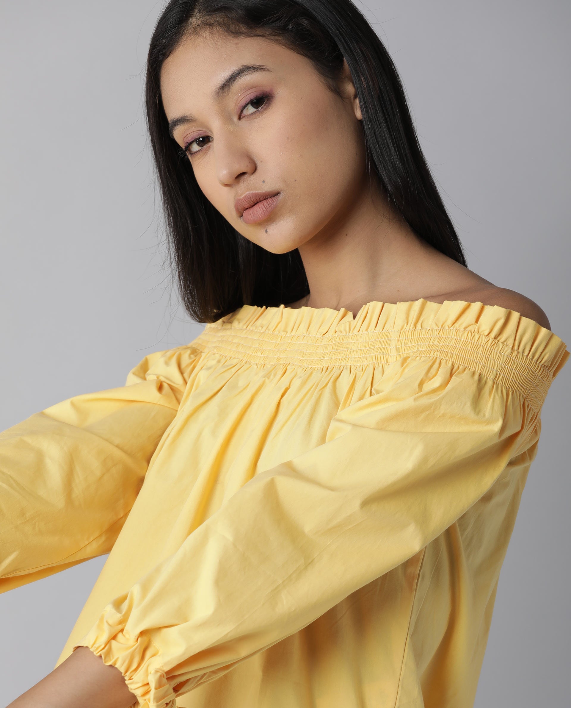 Rareism Womens Evenin Yellow Top Cotton Fabric Loose Fit Cold Shoulder Sleeve