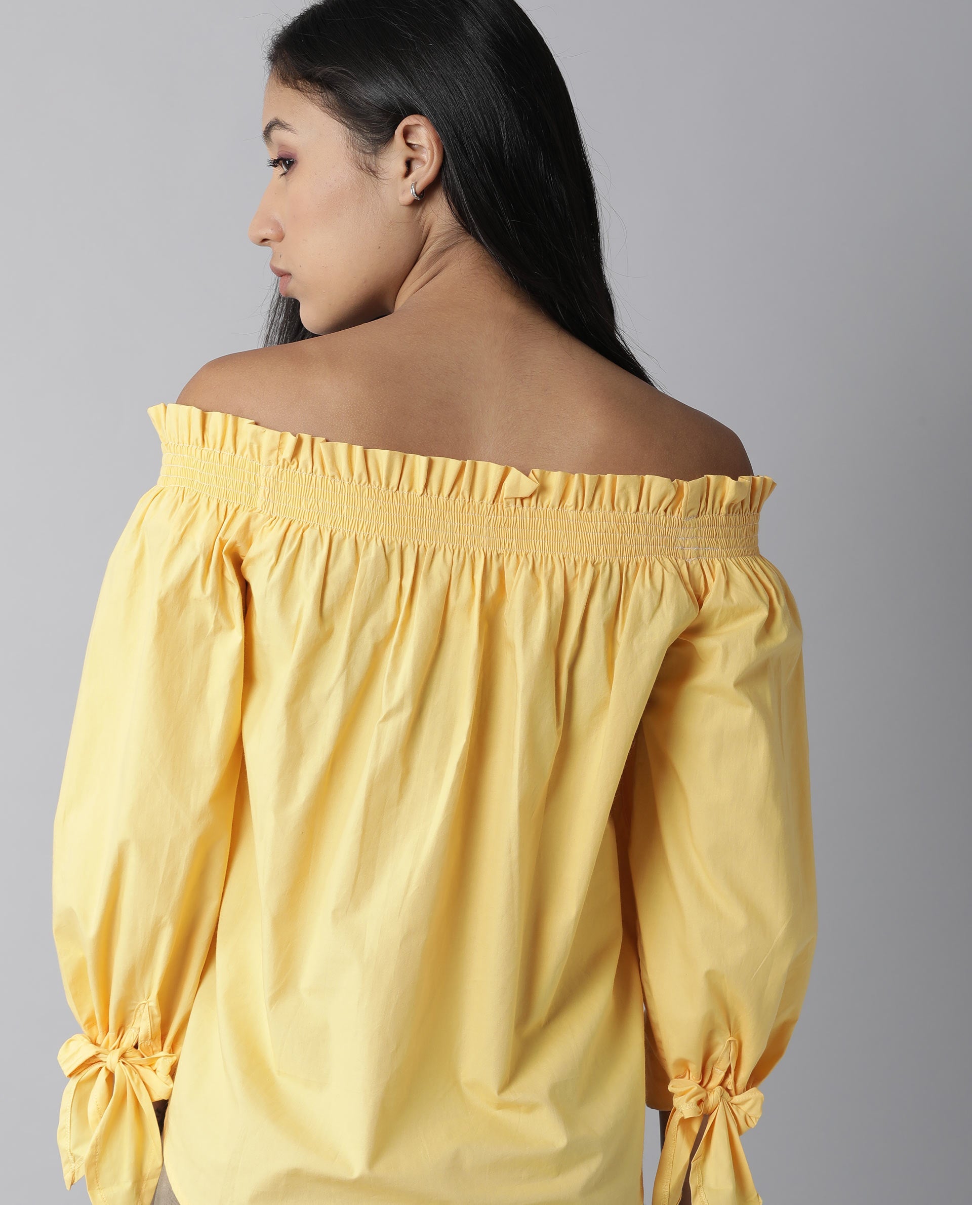 Rareism Womens Evenin Yellow Top Cotton Fabric Loose Fit Cold Shoulder Sleeve