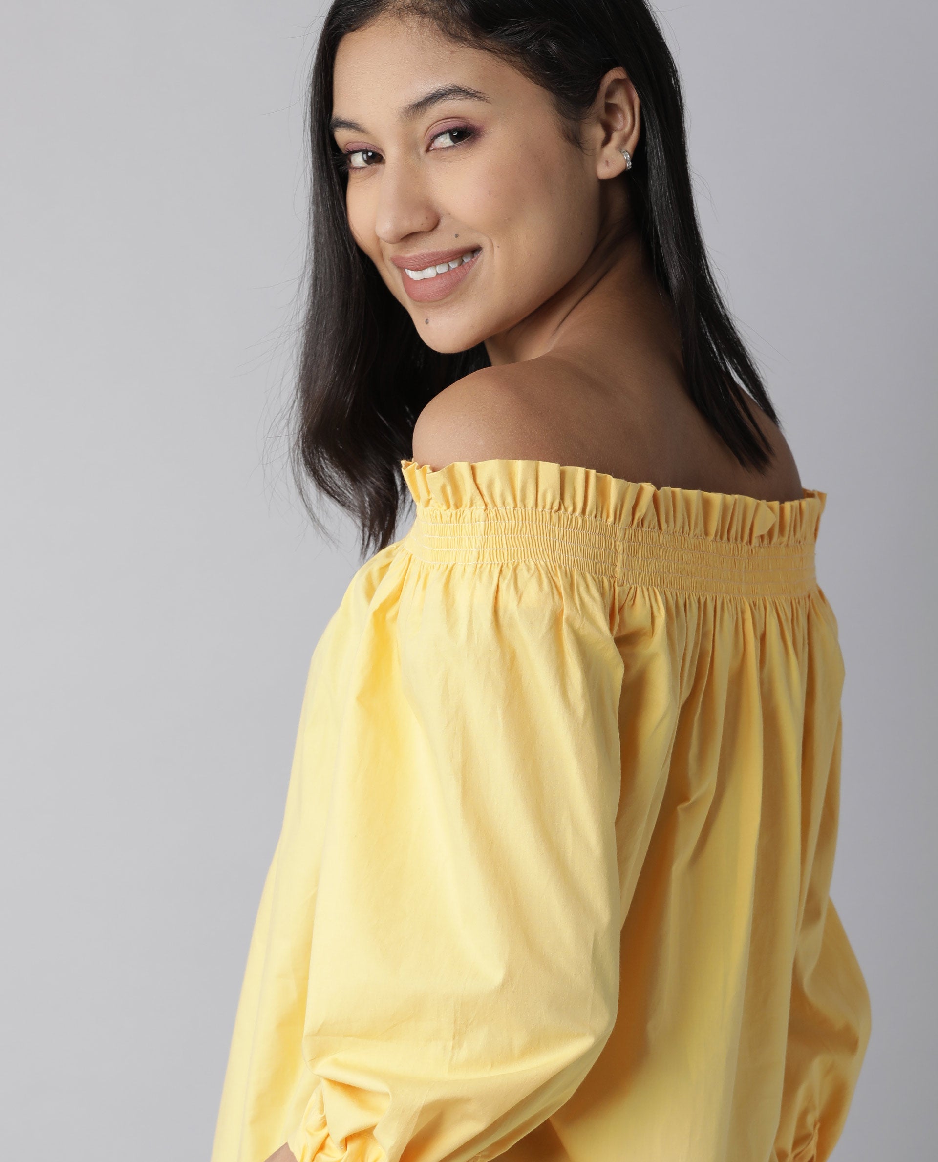 Rareism Womens Evenin Yellow Top Cotton Fabric Loose Fit Cold Shoulder Sleeve