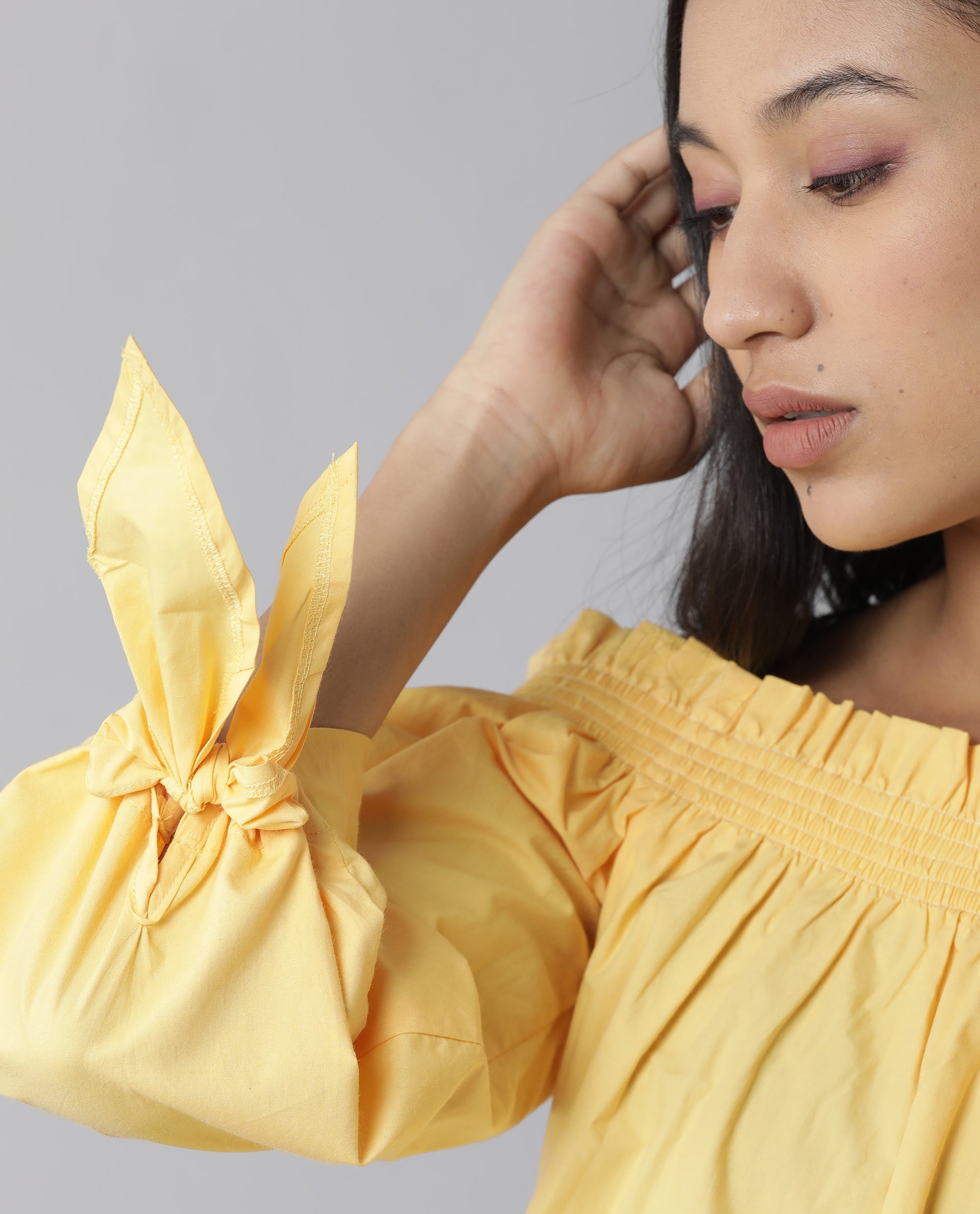 Rareism Womens Evenin Yellow Top Cotton Fabric Loose Fit Cold Shoulder Sleeve