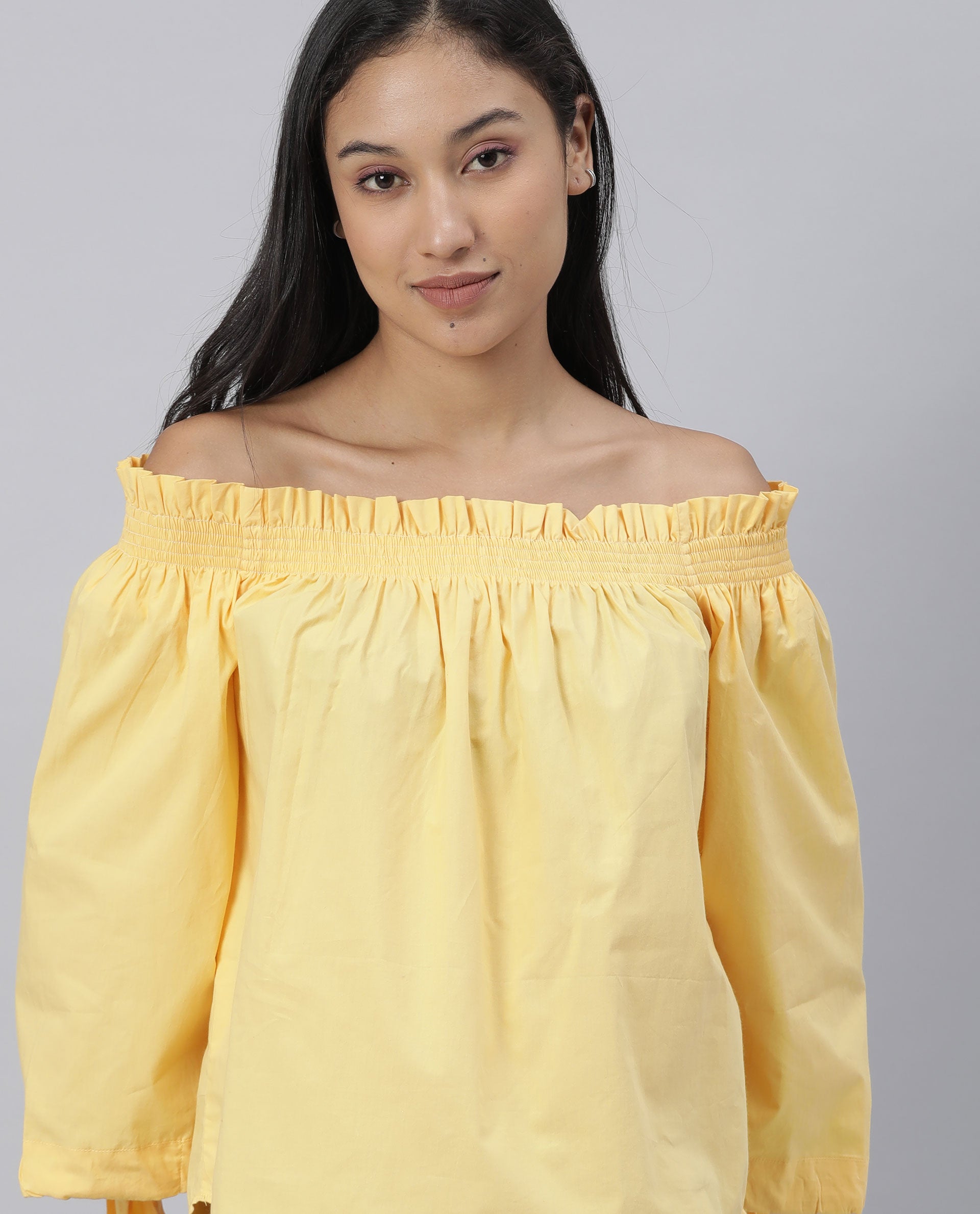 Rareism Womens Evenin Yellow Top Cotton Fabric Loose Fit Cold Shoulder Sleeve