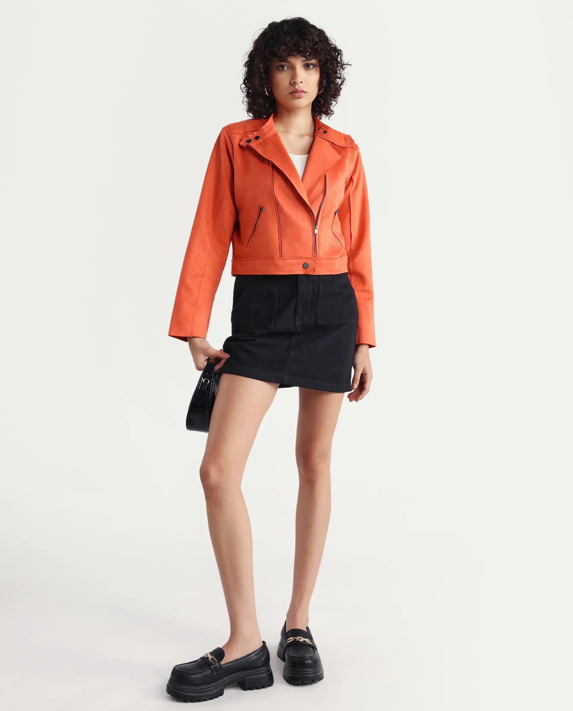 Rareism Women's Everlee Orange Polyester Mandarin Collar Plain Regular Fit Jacket