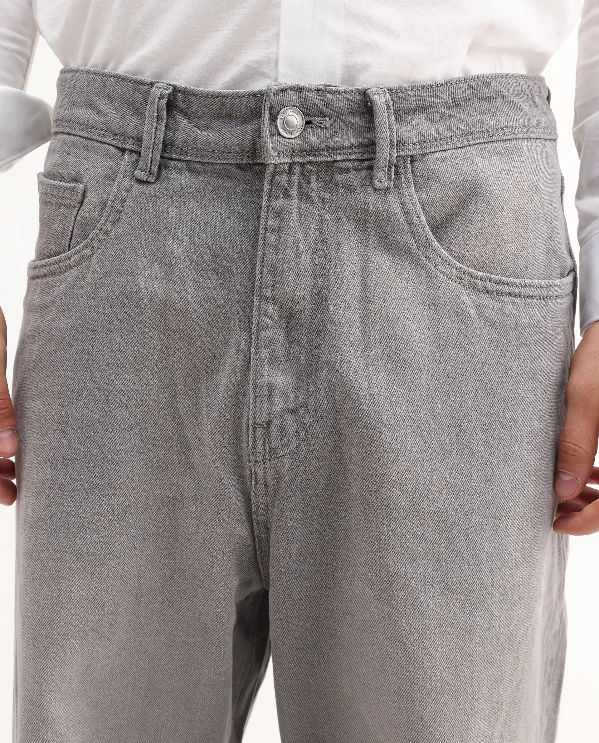 Rare Rabbit Men's Evet-2 Grey Cotton Plain Baggy Fit Jeans