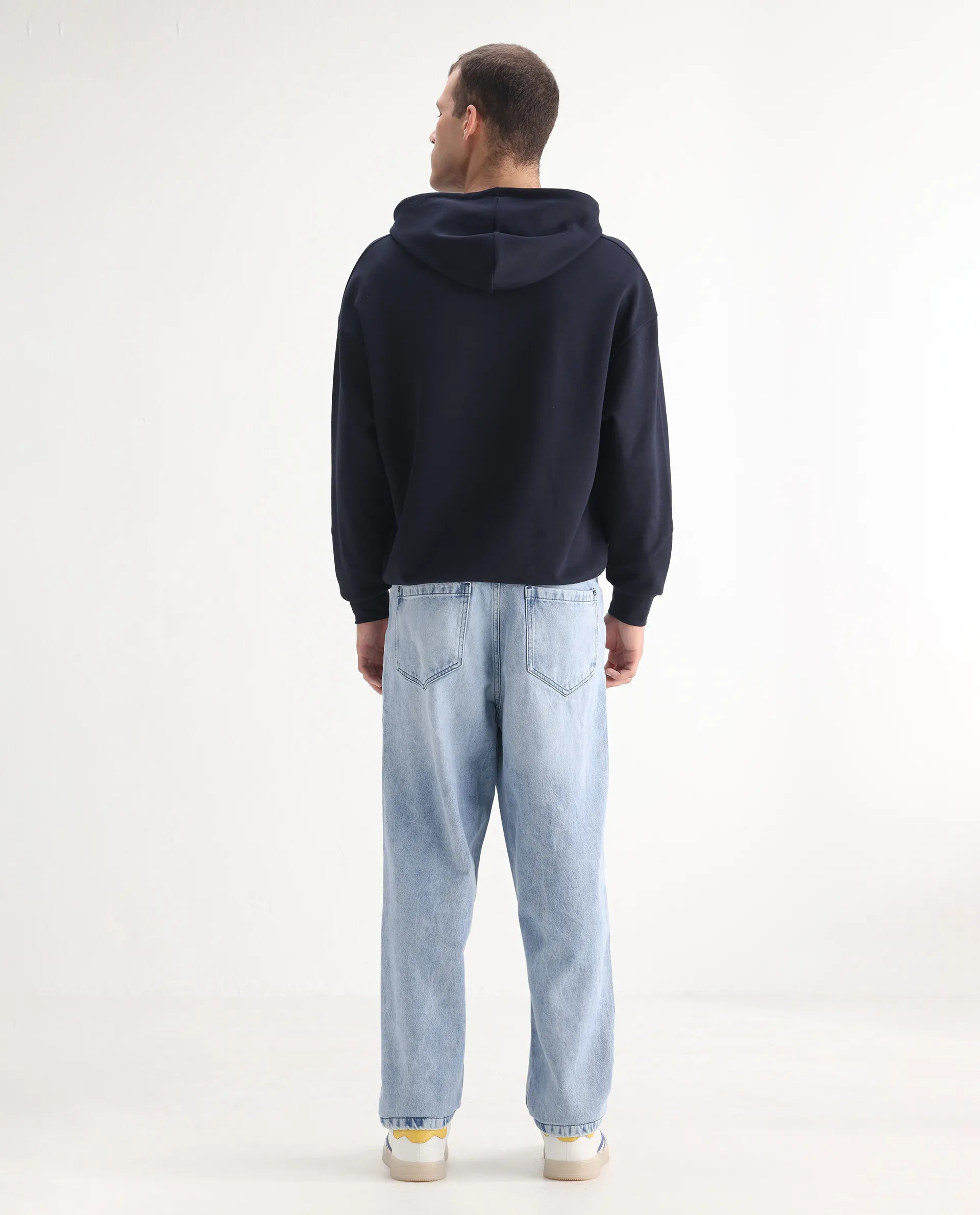 Rare Rabbit Men's Evet Pastel Blue Cotton Plain Baggy Fit Jeans