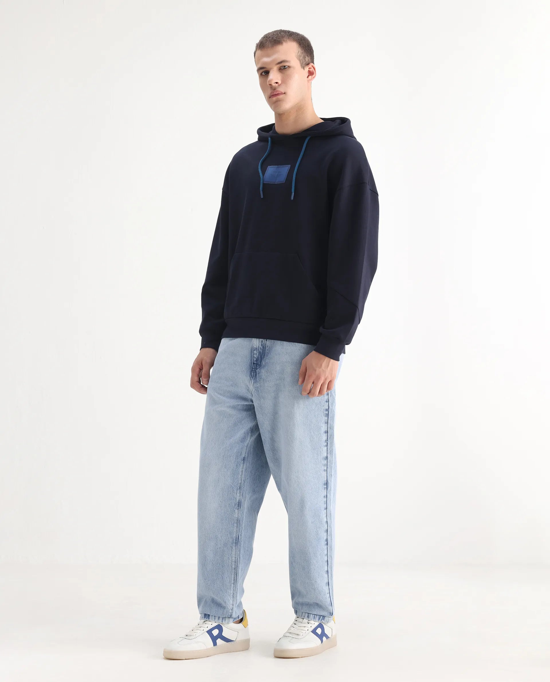 Rare Rabbit Men's Evet Pastel Blue Cotton Plain Baggy Fit Jeans