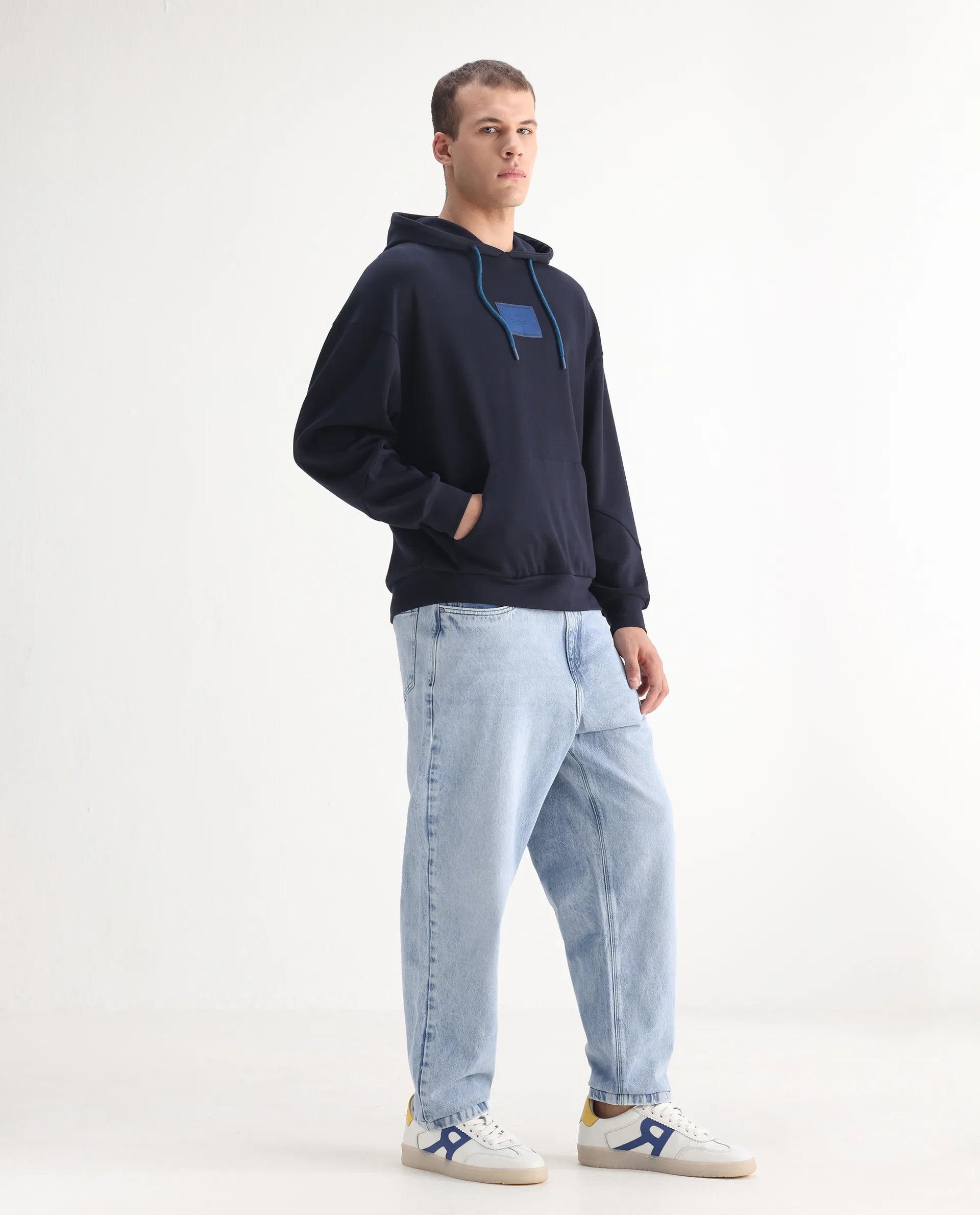 Rare Rabbit Men's Evet Pastel Blue Cotton Plain Baggy Fit Jeans