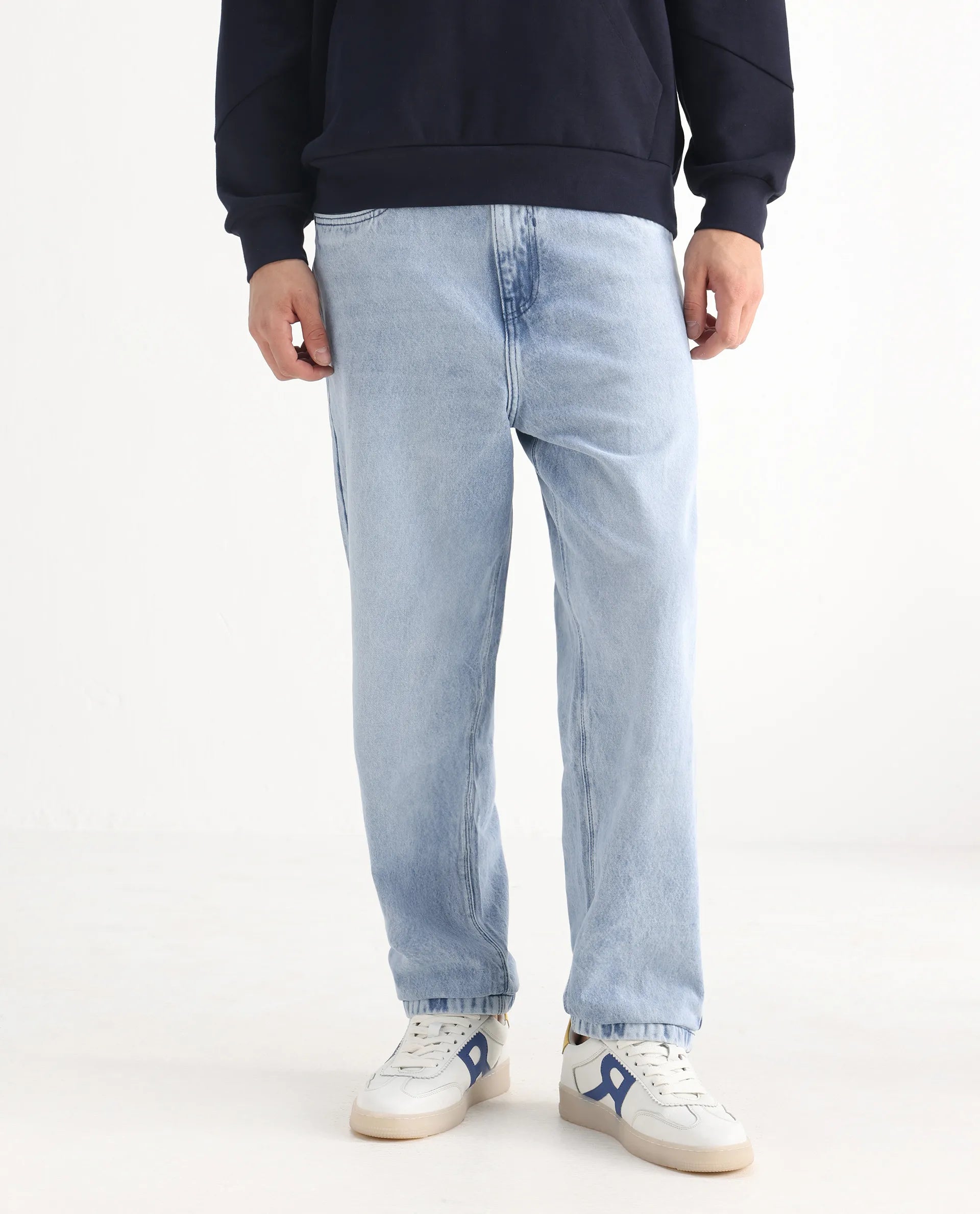 Rare Rabbit Men's Evet Pastel Blue Cotton Plain Baggy Fit Jeans