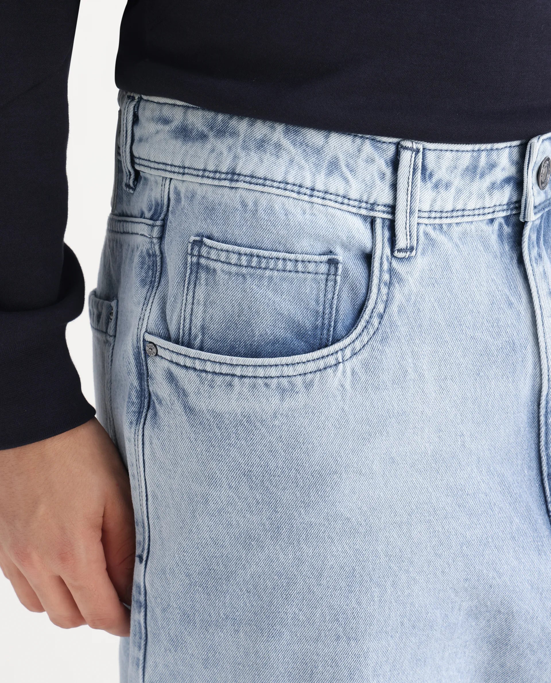 Rare Rabbit Men's Evet Pastel Blue Cotton Plain Baggy Fit Jeans