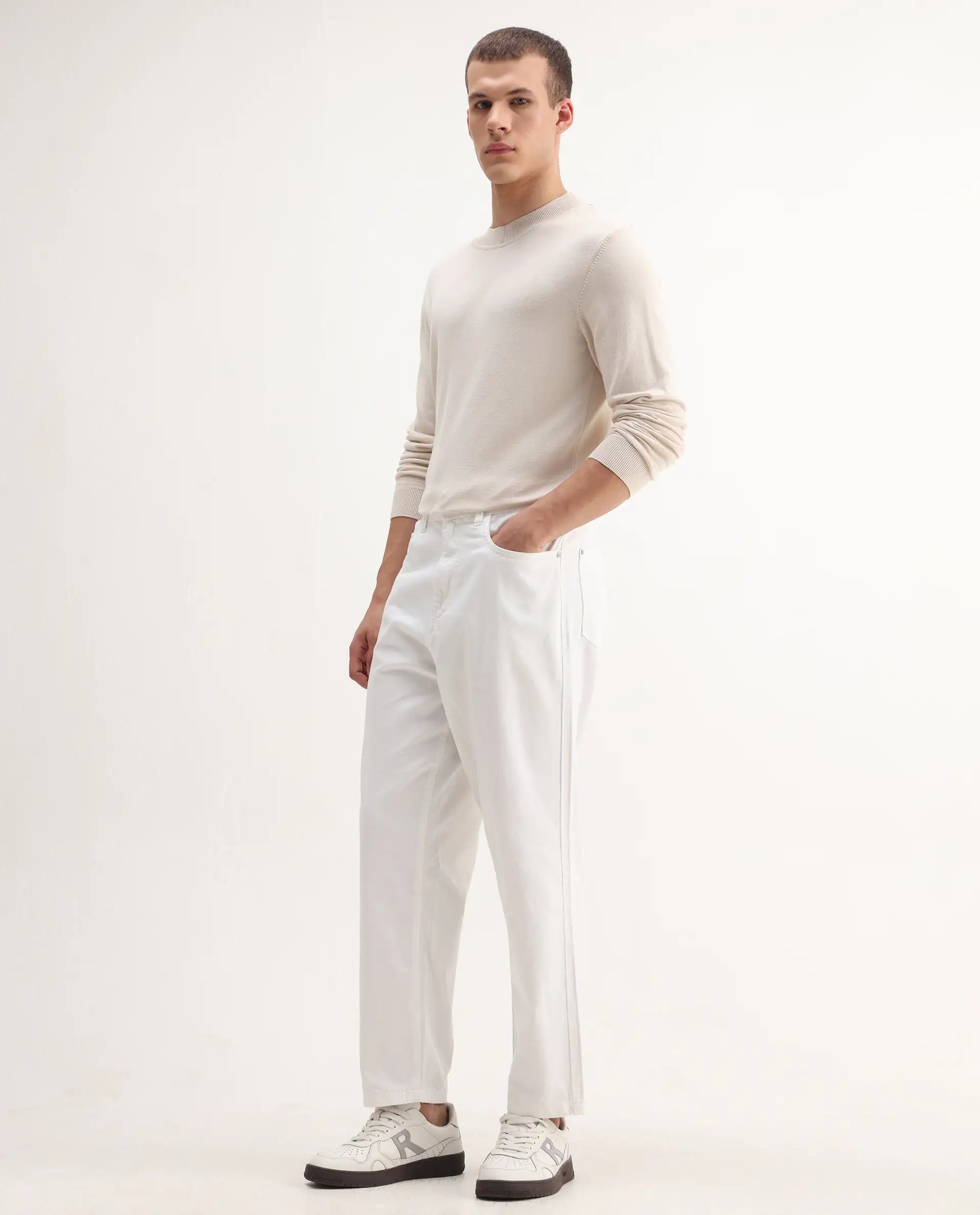 Rare Rabbit Men's Evet-2 White Cotton Plain Baggy Fit Jeans