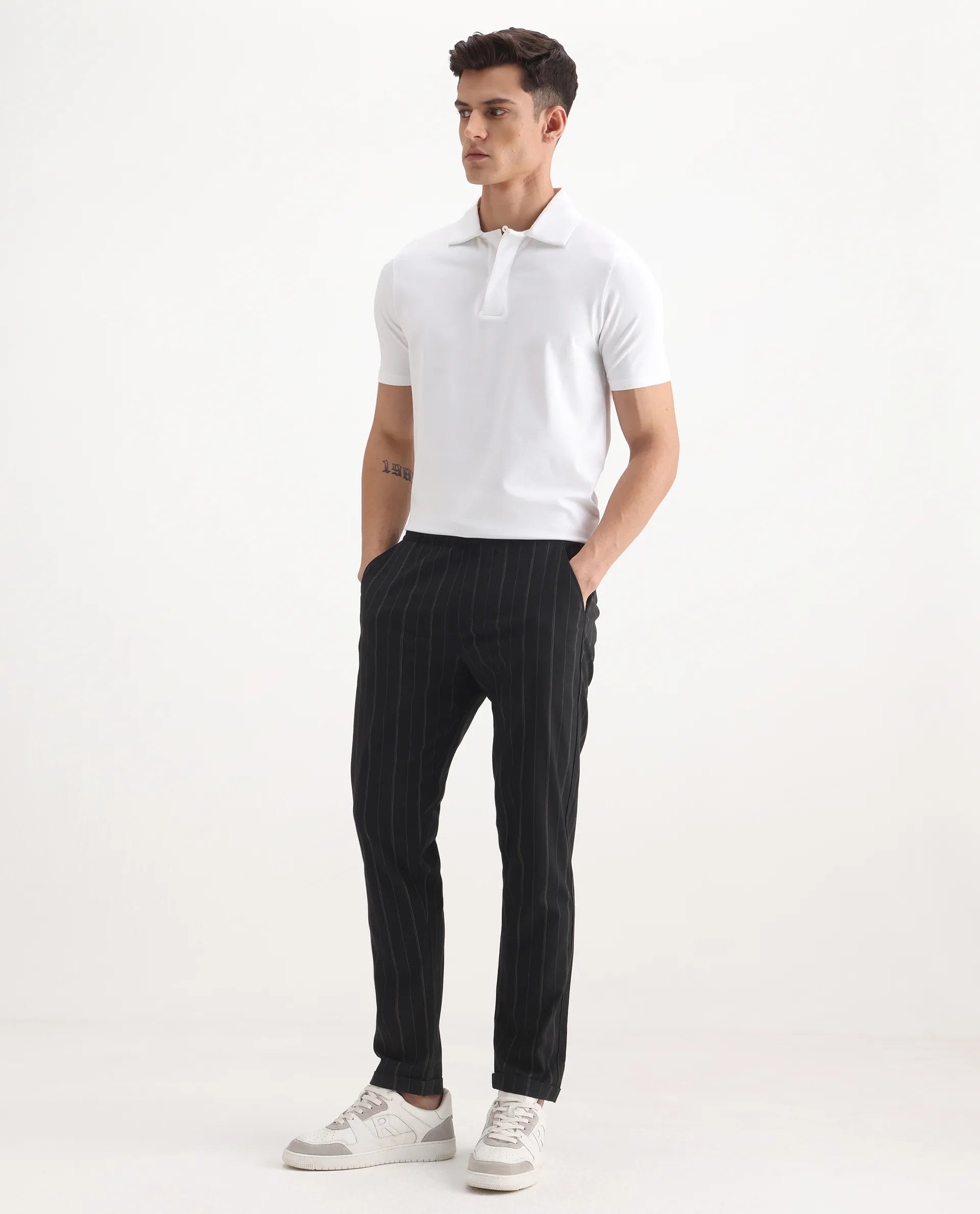 Rare Rabbit Men's Evita Black Cotton Striped Print Regular Fit Trouser