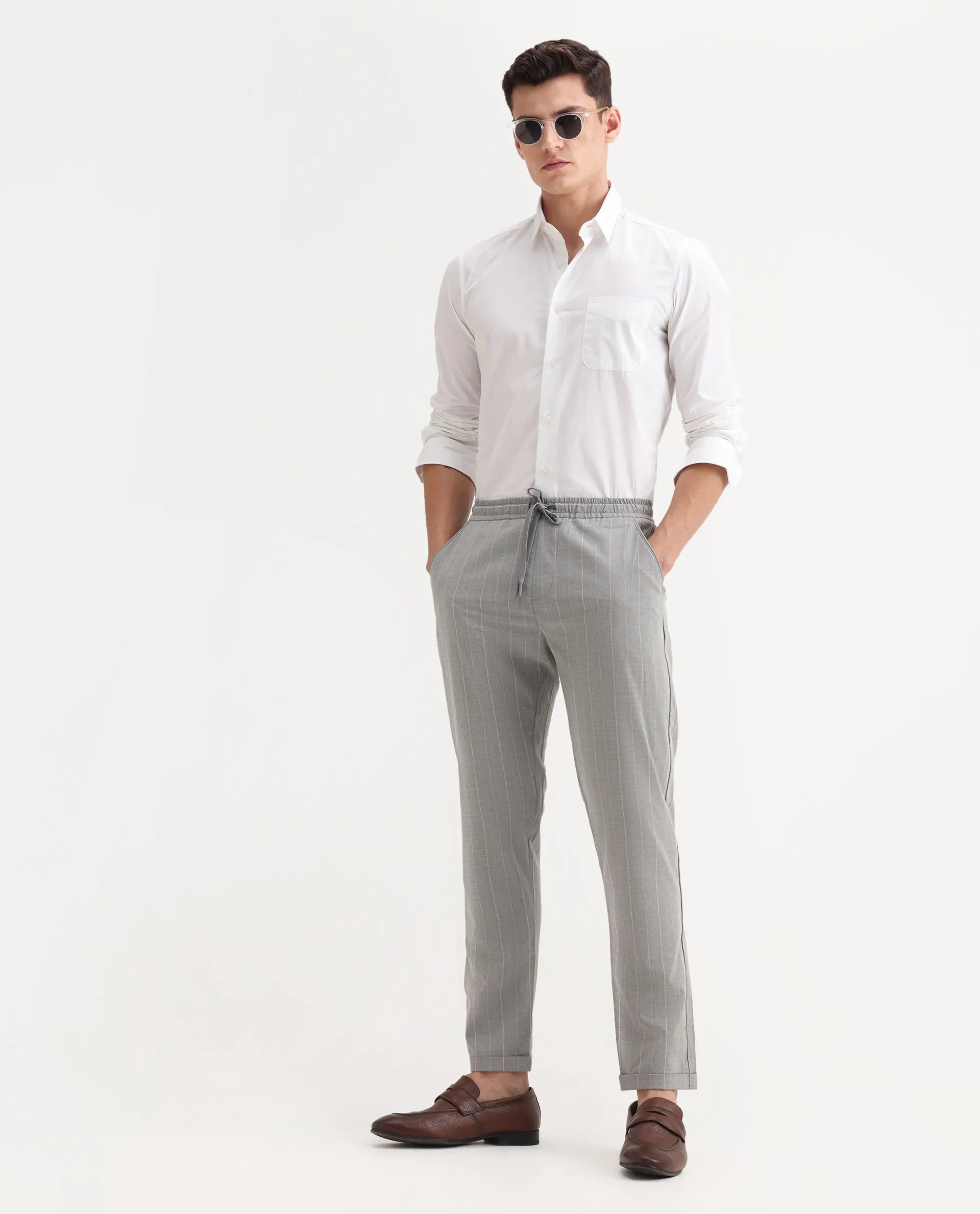 Rare Rabbit Men's Evita Grey Cotton Striped Print Regular Fit Trouser